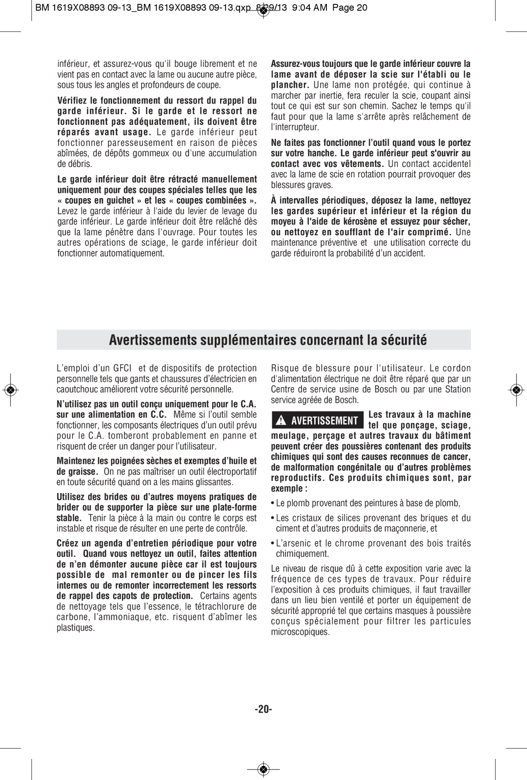 Bosch Power Tools CSW41 manual Avertissements supplémentaires concernant la sécurité 