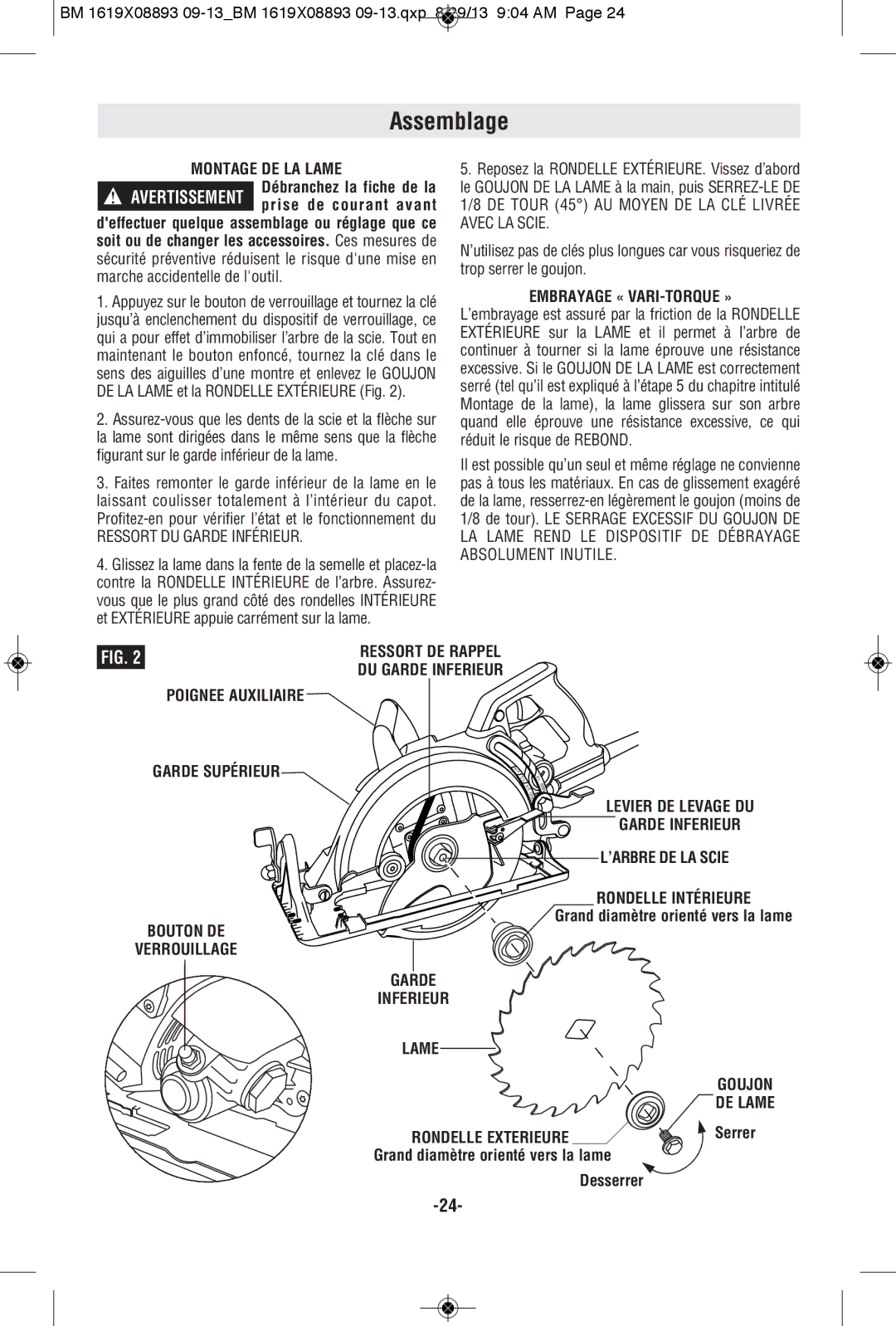 Bosch Power Tools CSW41 Assemblage, Embrayage « VARI-TORQUE », ’ARBRE DE LA Scie, Lame Goujon DE Lame Rondelle Exterieure 