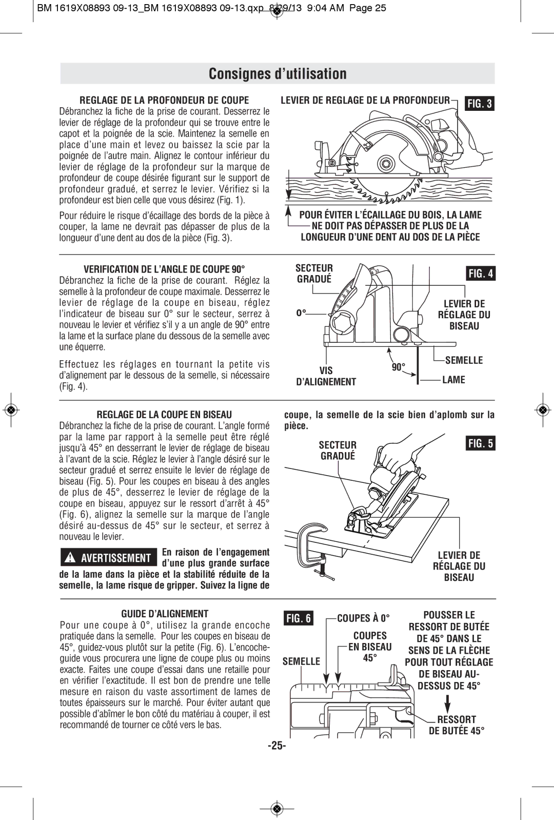 Bosch Power Tools CSW41 Consignes d’utilisation, Reglage DE LA Profondeur DE Coupe, Levier DE Reglage DE LA Profondeur FIG 