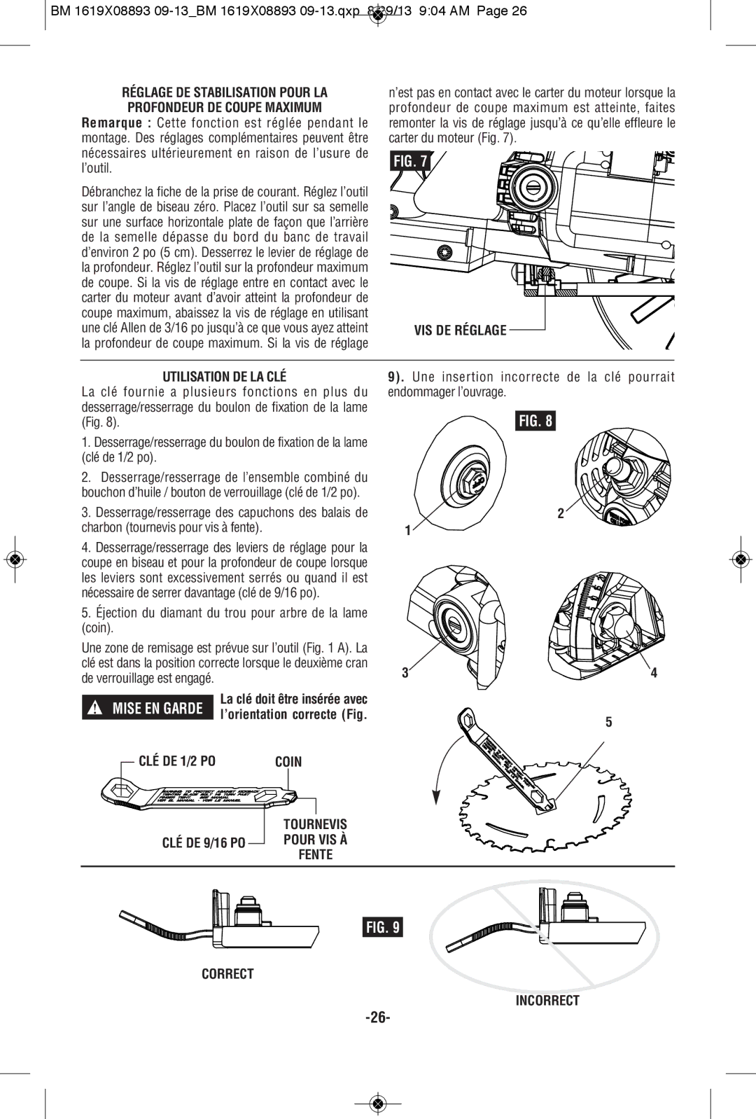 Bosch Power Tools CSW41 manual VIS DE Réglage Utilisation DE LA CLÉ, CLÉ DE 1/2 PO, CLÉ DE 9/16 PO, Coin, Correct Incorrect 