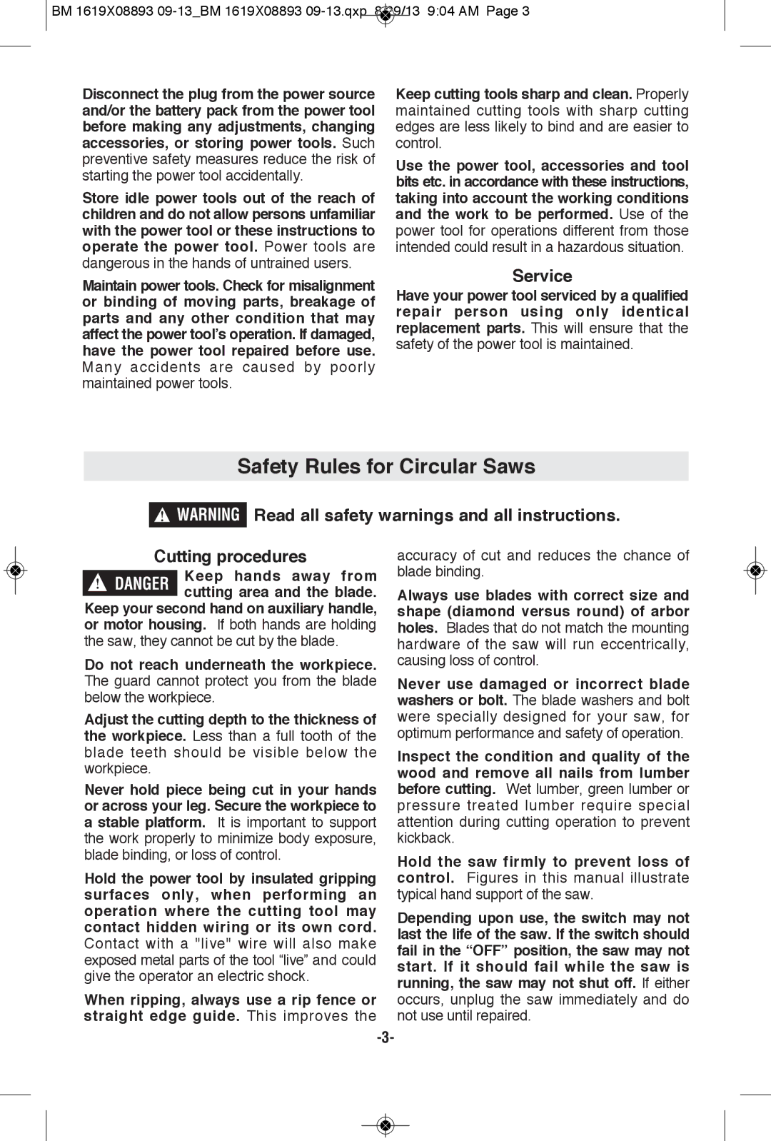 Bosch Power Tools CSW41 manual Safety Rules for Circular Saws, Service, Cutting procedures 