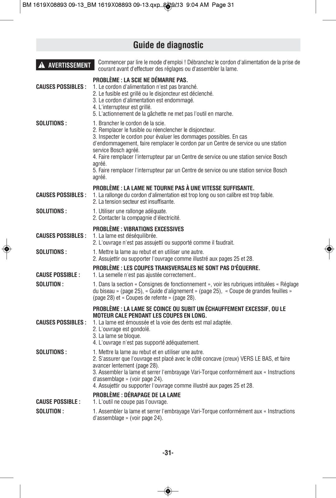 Bosch Power Tools CSW41 manual Guide de diagnostic 