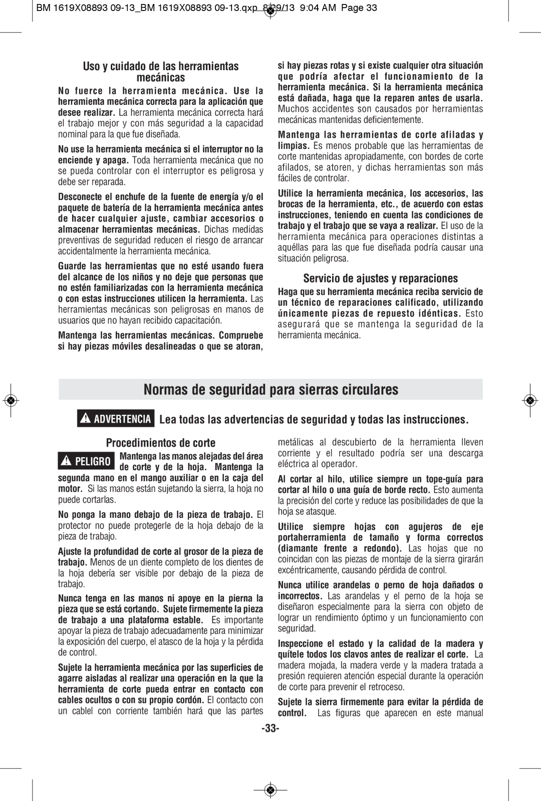 Bosch Power Tools CSW41 manual Normas de seguridad para sierras circulares, Mecánicas, Servicio de ajustes y reparaciones 