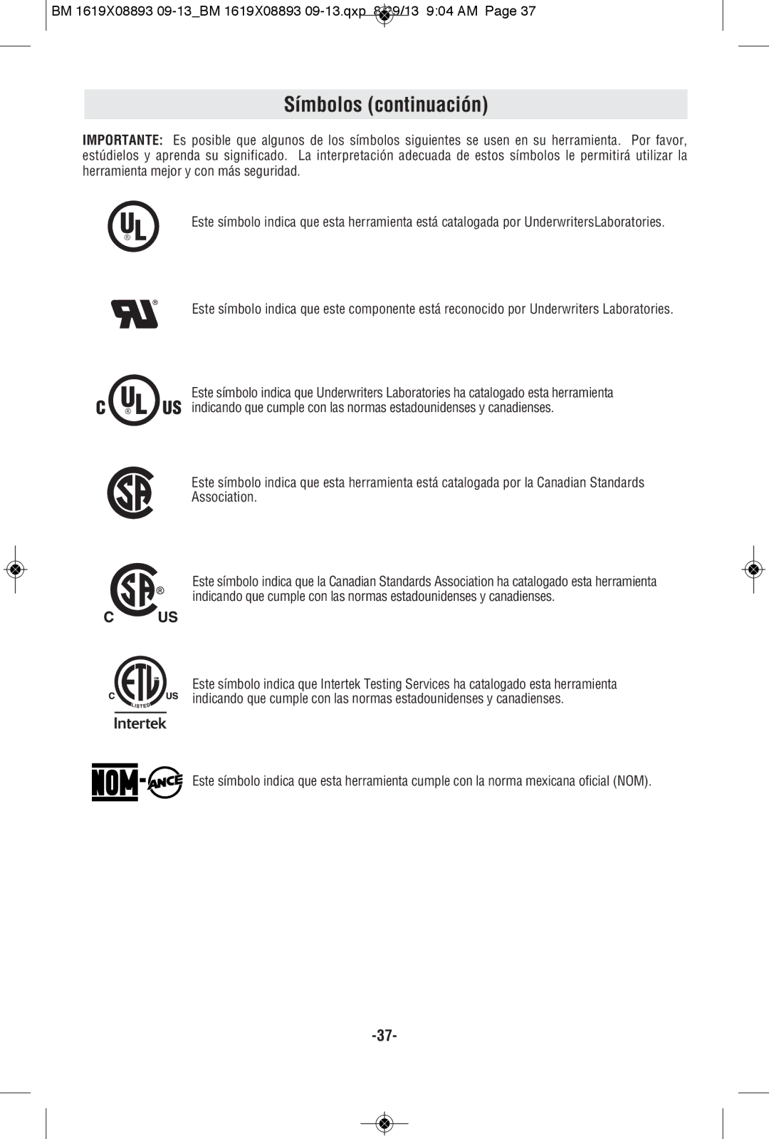 Bosch Power Tools CSW41 manual Símbolos continuación 