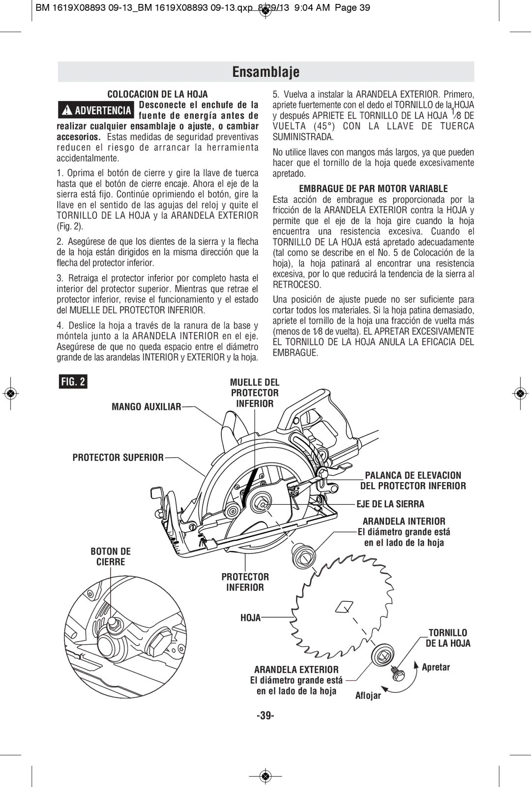 Bosch Power Tools CSW41 manual Ensamblaje, Protector Superior, EJE DE LA Sierra, Inferior Hoja 