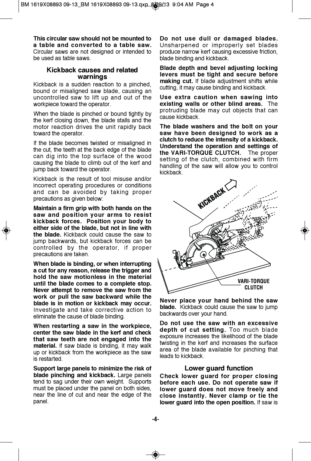 Bosch Power Tools CSW41 manual Kickback causes and related, Lower guard function, VARI-TORQUE Clutch 