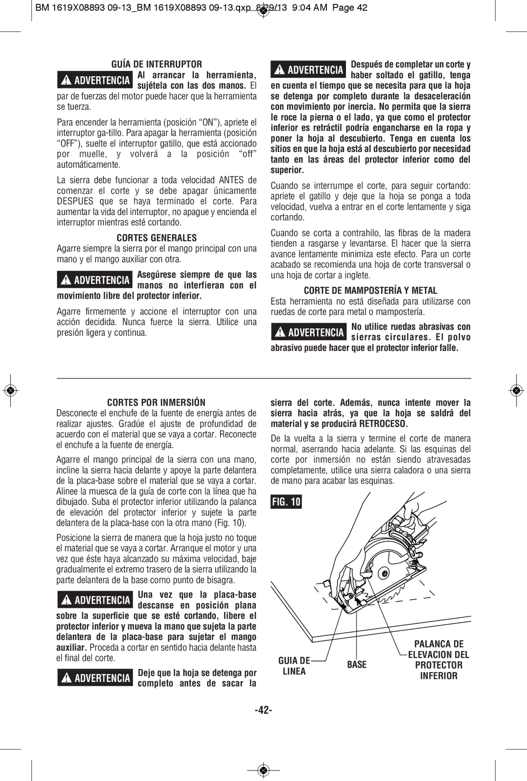 Bosch Power Tools CSW41 manual Guía DE Interruptor, Cortes Generales, Corte DE Mampostería Y Metal, Cortes POR Inmersión 