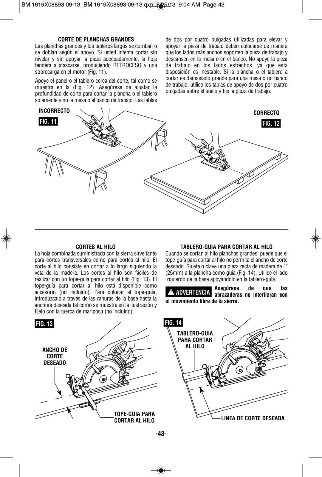 Bosch Power Tools CSW41 manual Corte DE Planchas Grandes, Correcto Cortes AL Hilo, TABLERO-GUIA Para Cortar AL Hilo 