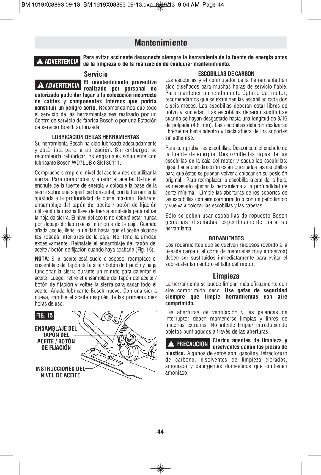 Bosch Power Tools CSW41 manual Mantenimiento, Servicio, Limpieza, Lubricacion DE LAS Herramientas, Rodamientos 