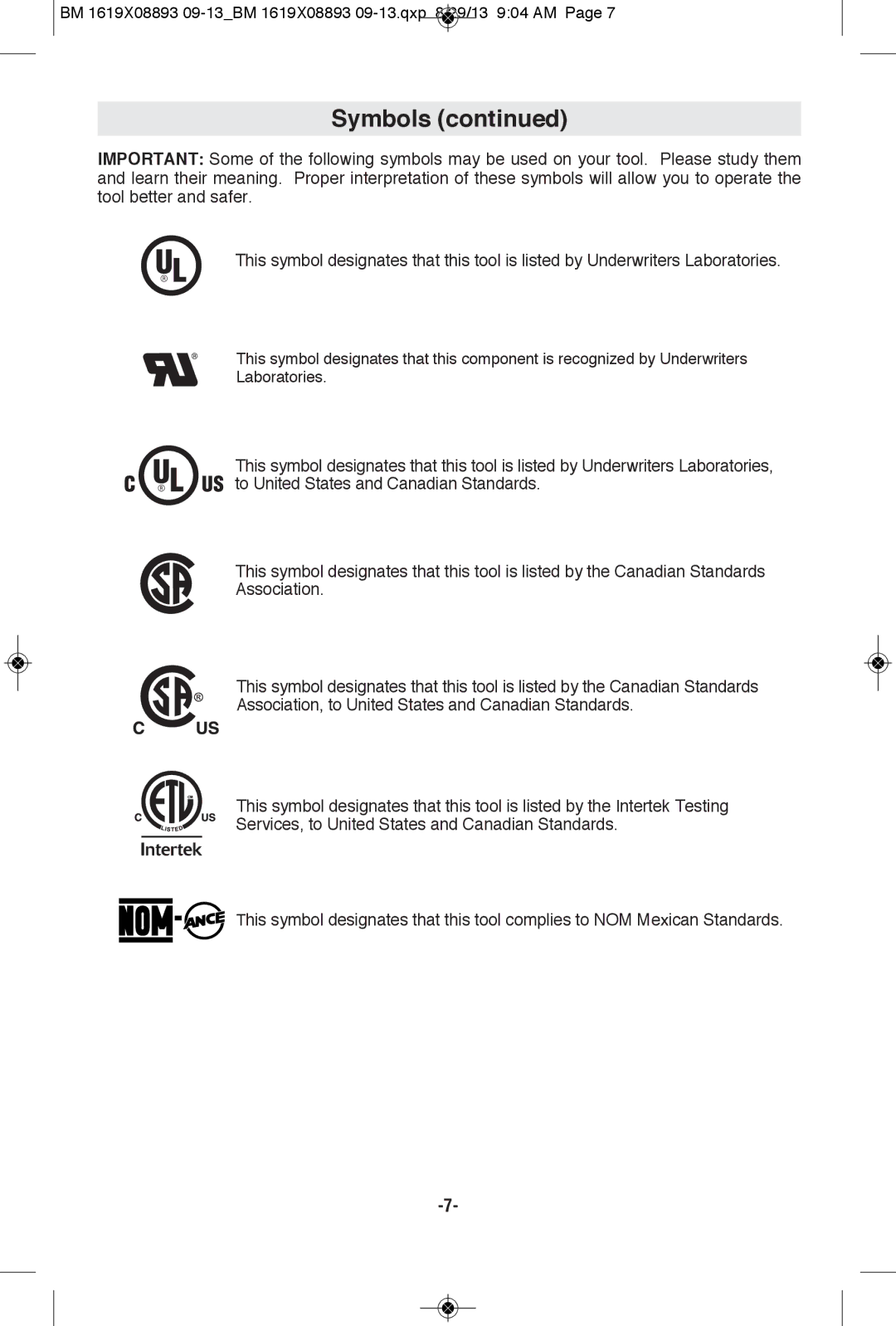 Bosch Power Tools CSW41 manual Symbols 