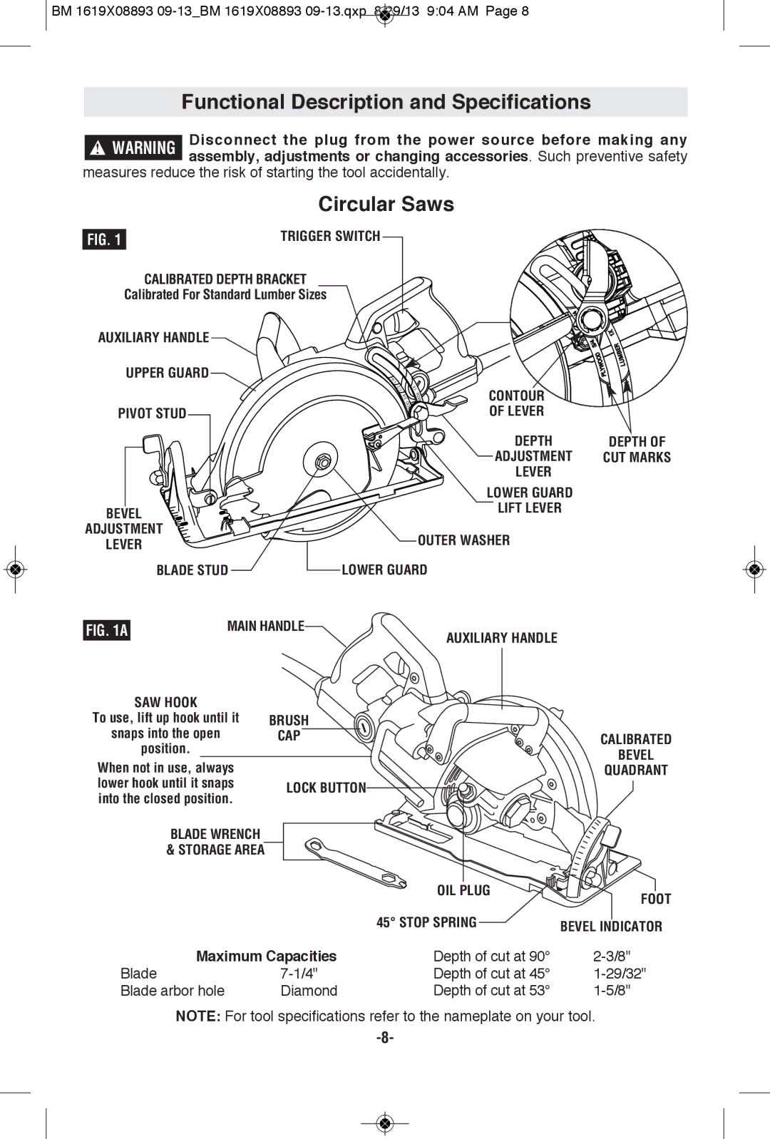 Bosch Power Tools CSW41 manual Functional Description and Specifications, Circular Saws, Calibrated Depth Bracket 