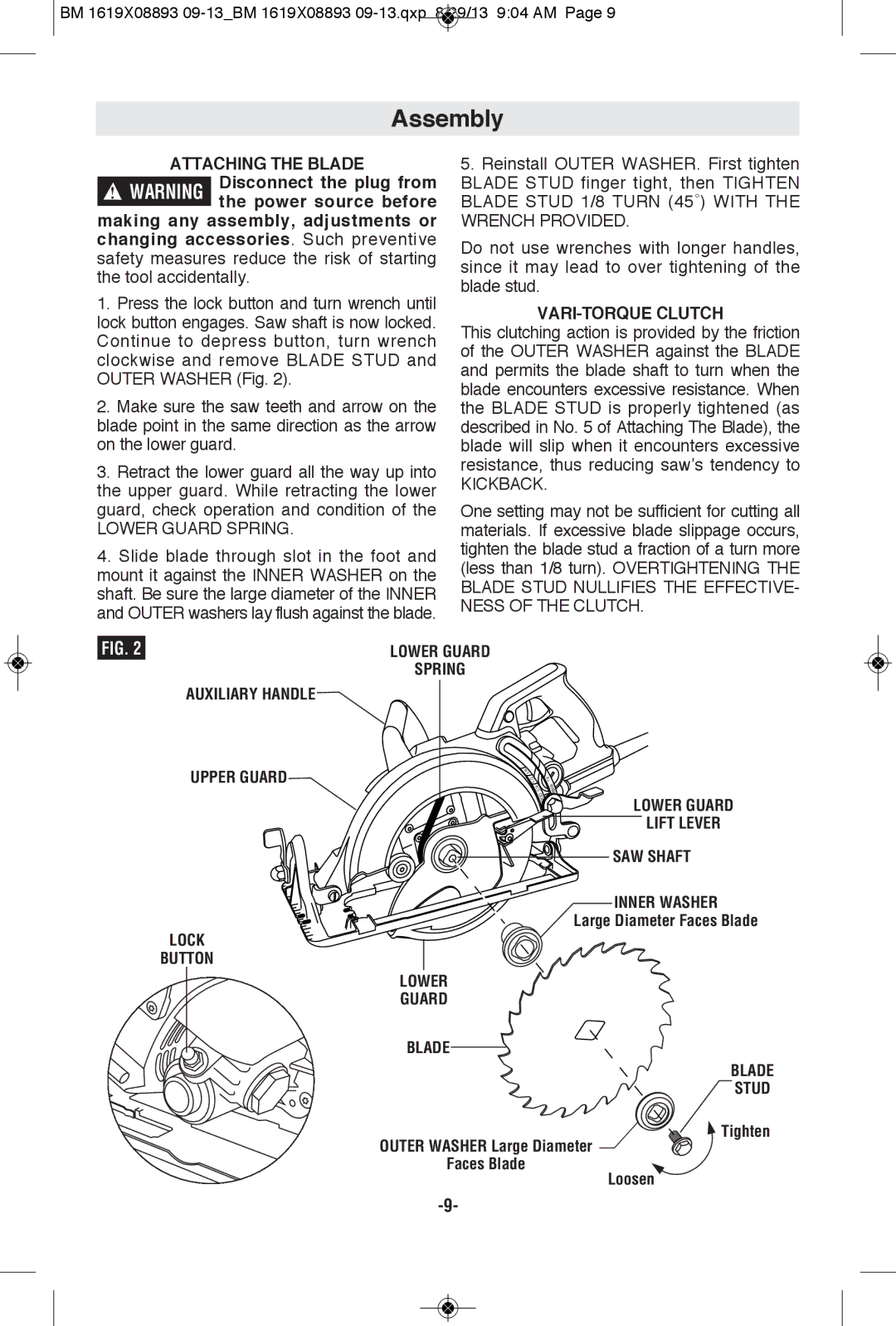 Bosch Power Tools CSW41 manual Assembly, Spring Auxiliary Handle Upper Guard, SAW Shaft, Inner Washer 