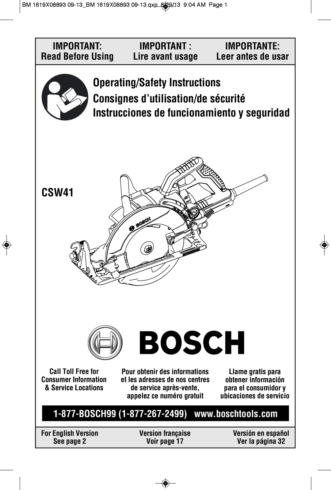 Bosch Power Tools CSW41 manual Lire avant usage, Call Toll Free for, Voir page, Ver la página, Importante 