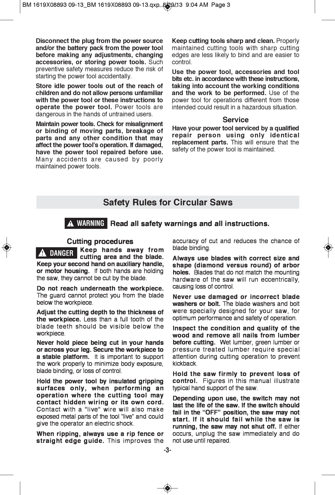 Bosch Power Tools CSW41 Safety Rules for Circular Saws, Service, WARNING Read all safety warnings and all instructions 