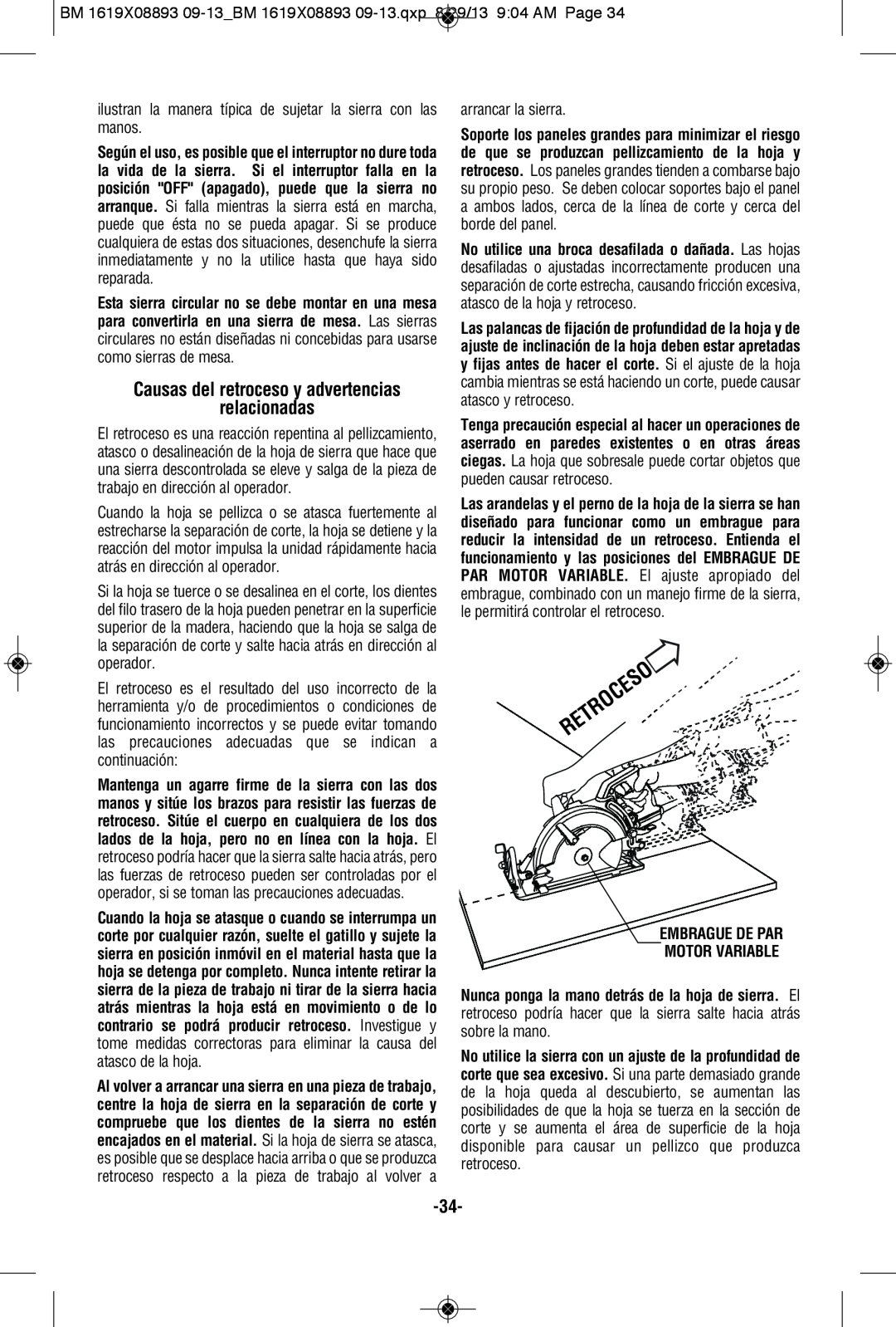 Bosch Power Tools CSW41 manual relacionadas, Causas del retroceso y advertencias, Embrague De Par Motor Variable 