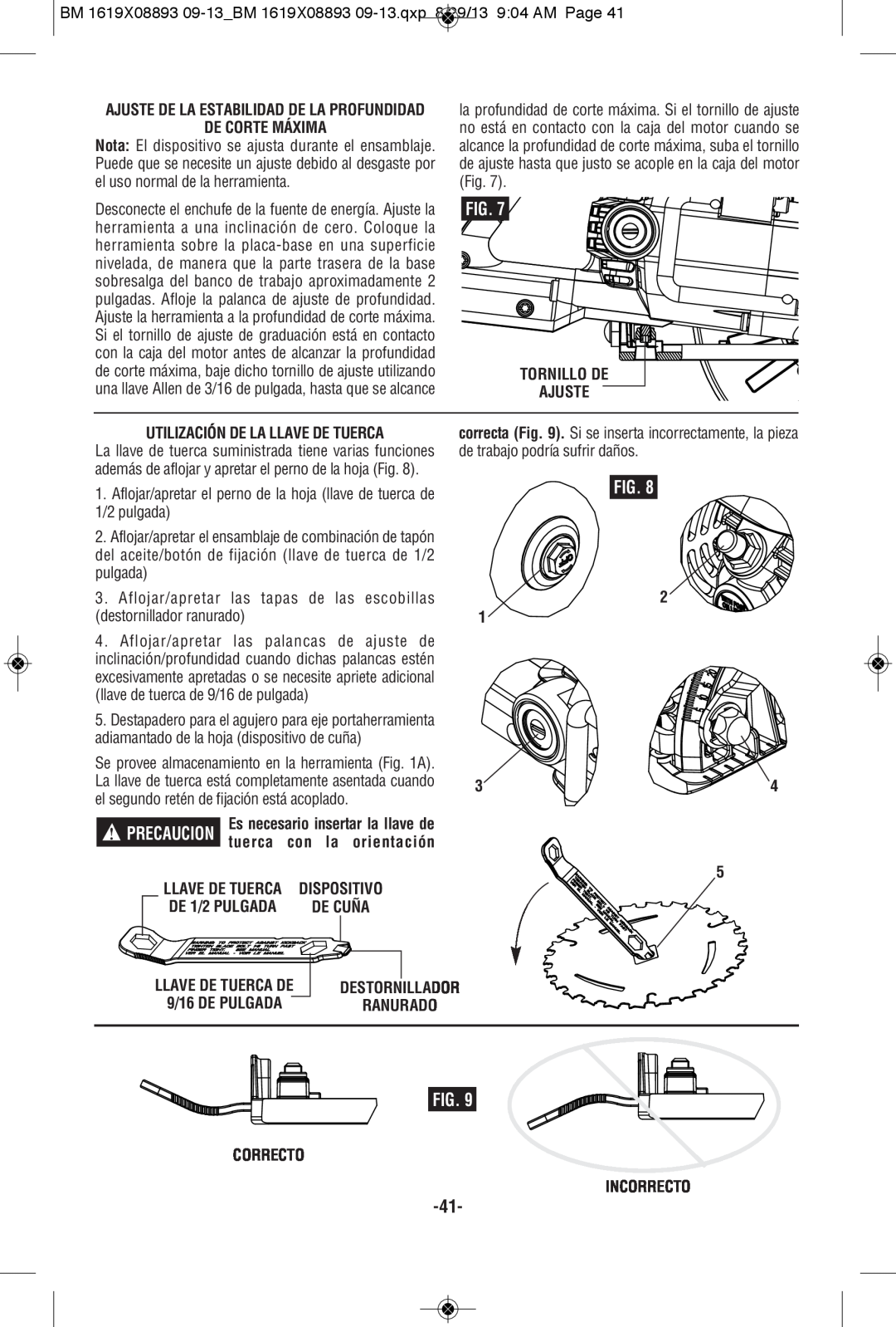 Bosch Power Tools CSW41 manual De Corte Máxima, Utilización De La Llave De Tuerca, Precaucion, tuerca, con la orientación 