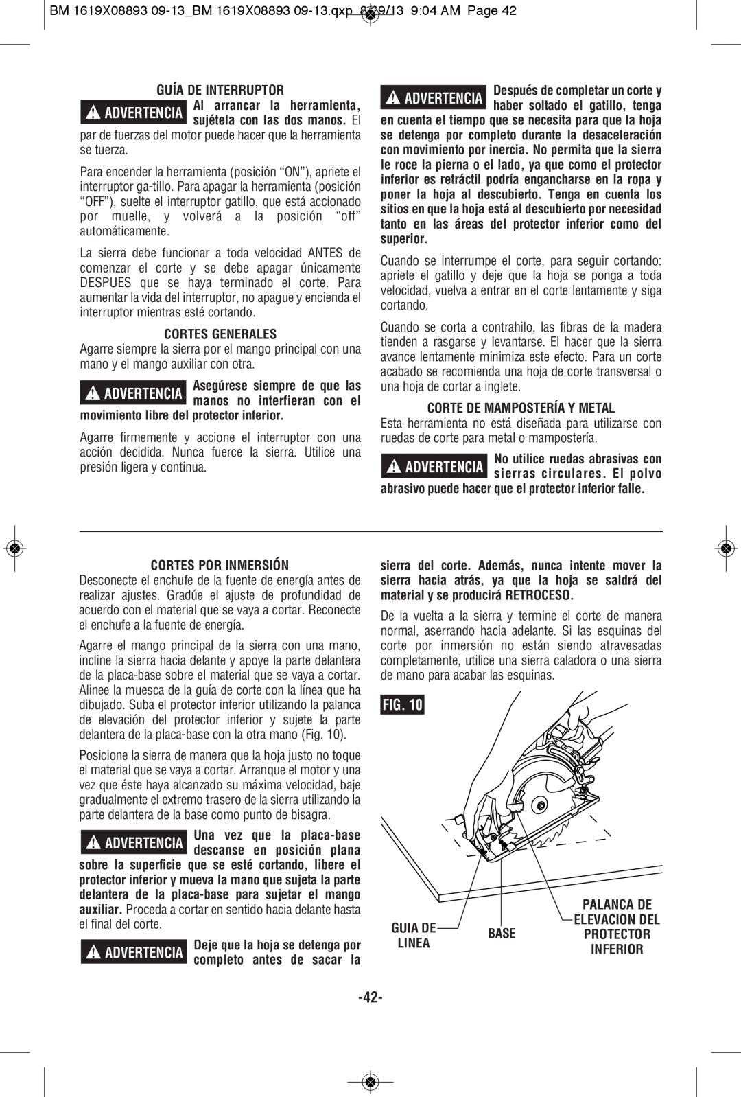 Bosch Power Tools CSW41 manual Guía De Interruptor, Cortes Generales, movimiento libre del protector inferior, Base 