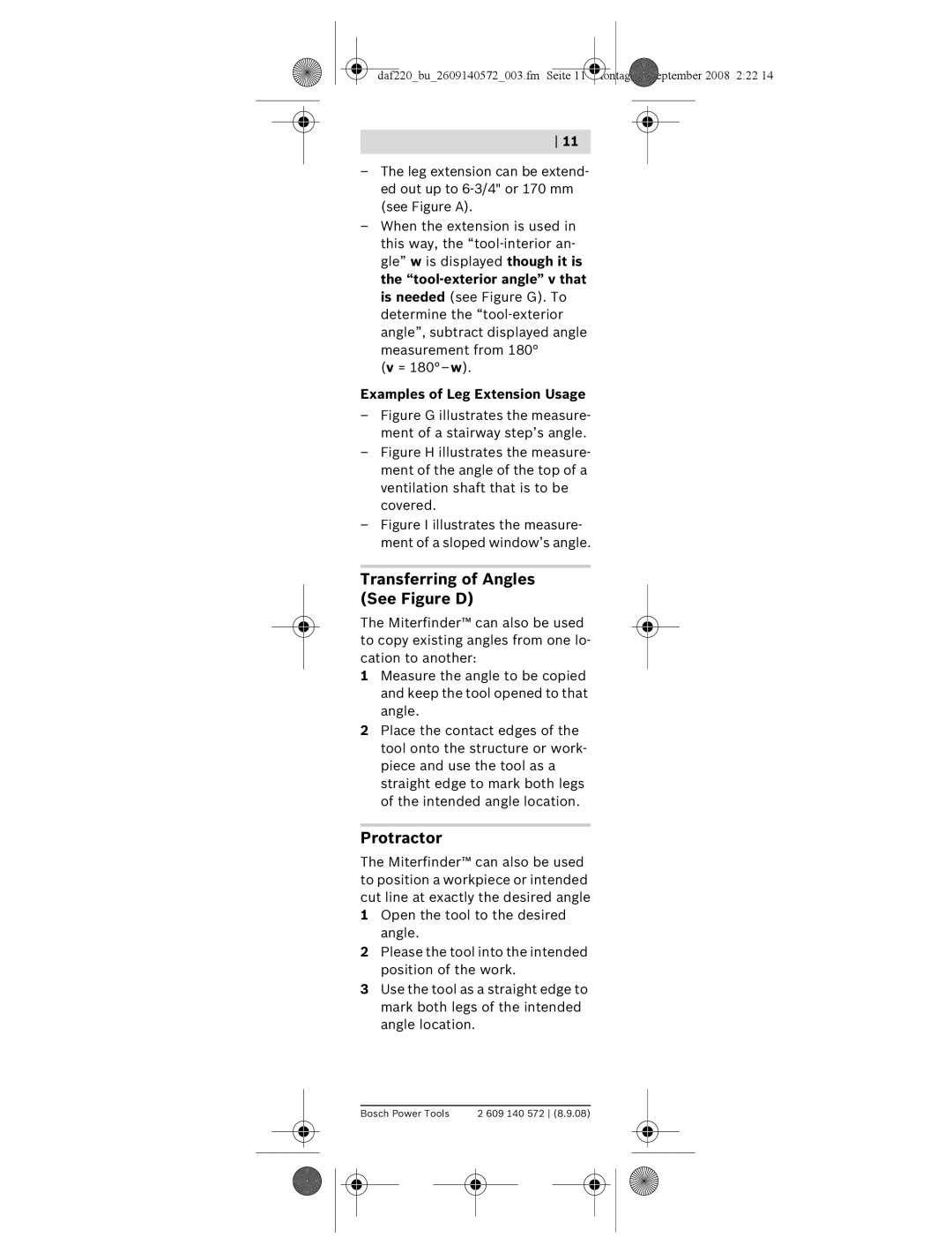 Bosch Power Tools DAF220K manual Transferring of Angles See Figure D, Protractor, Examples of Leg Extension Usage 