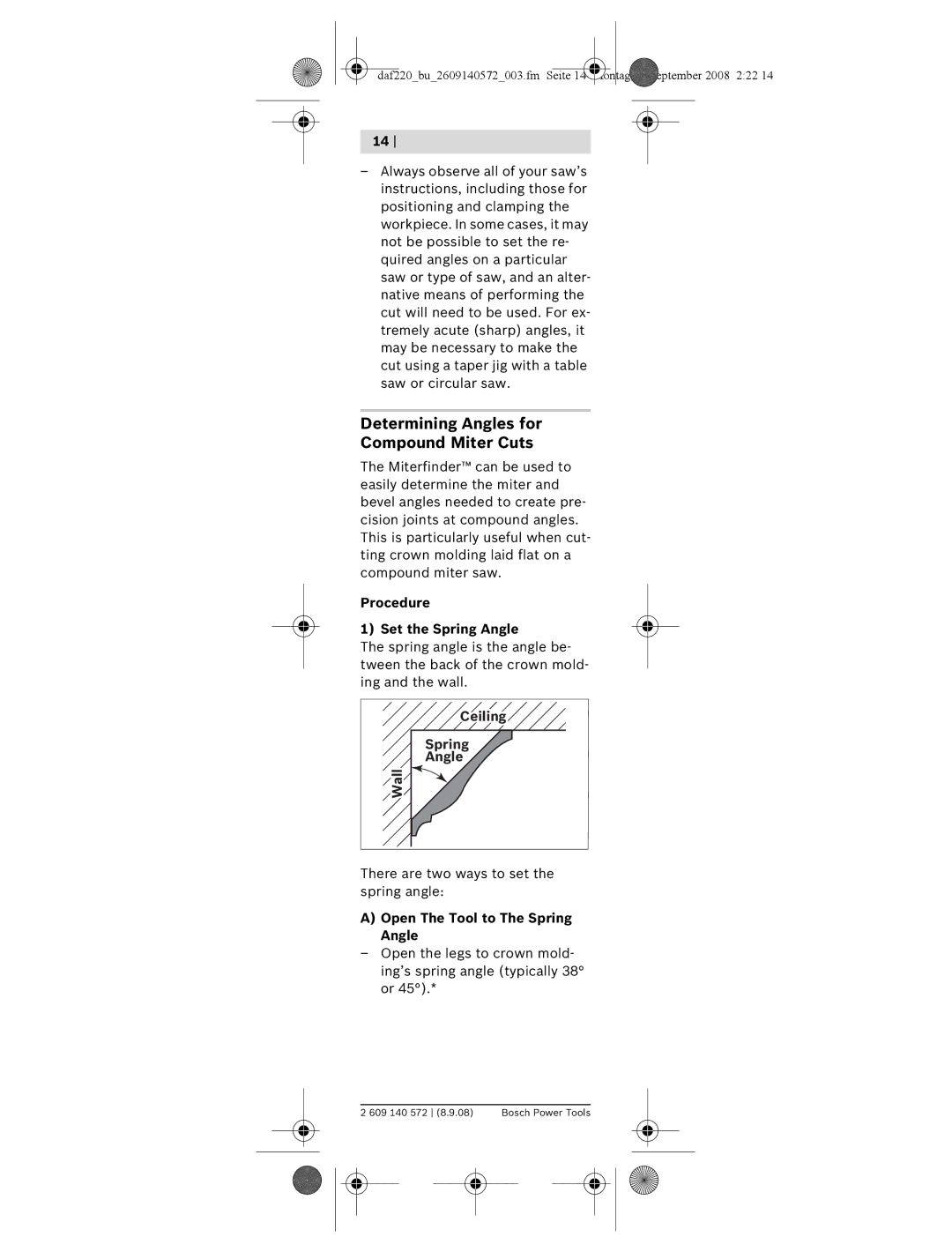 Bosch Power Tools DAF220K manual Determining Angles for Compound Miter Cuts, Procedure Set the Spring Angle 