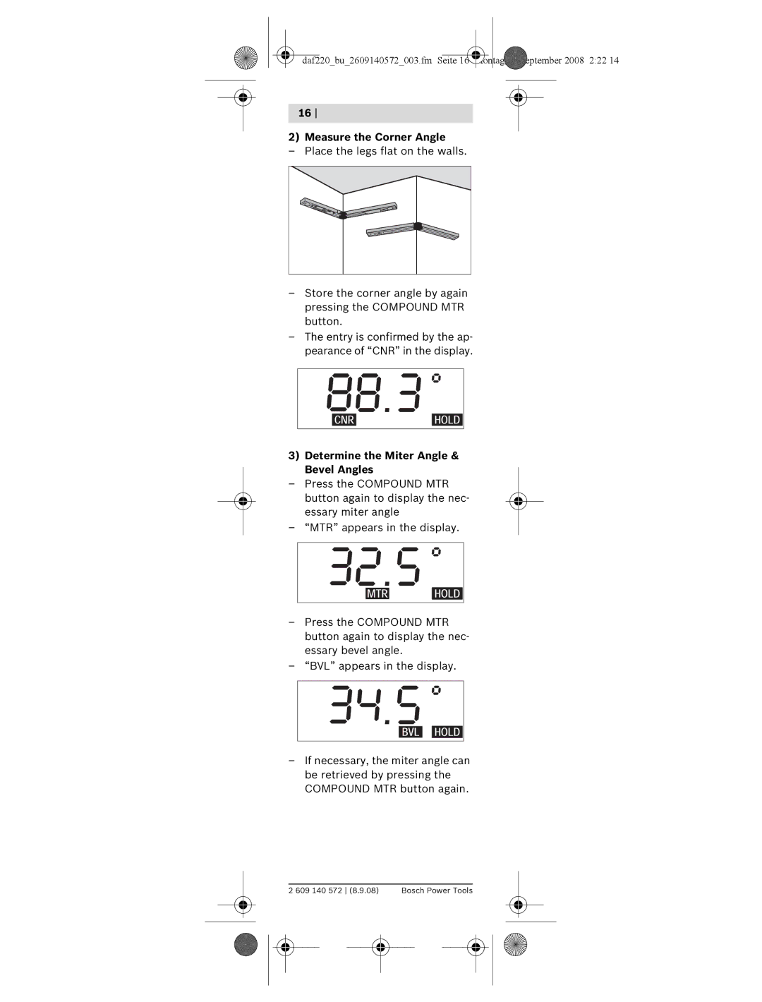 Bosch Power Tools DAF220K manual Measure the Corner Angle, Determine the Miter Angle & Bevel Angles 