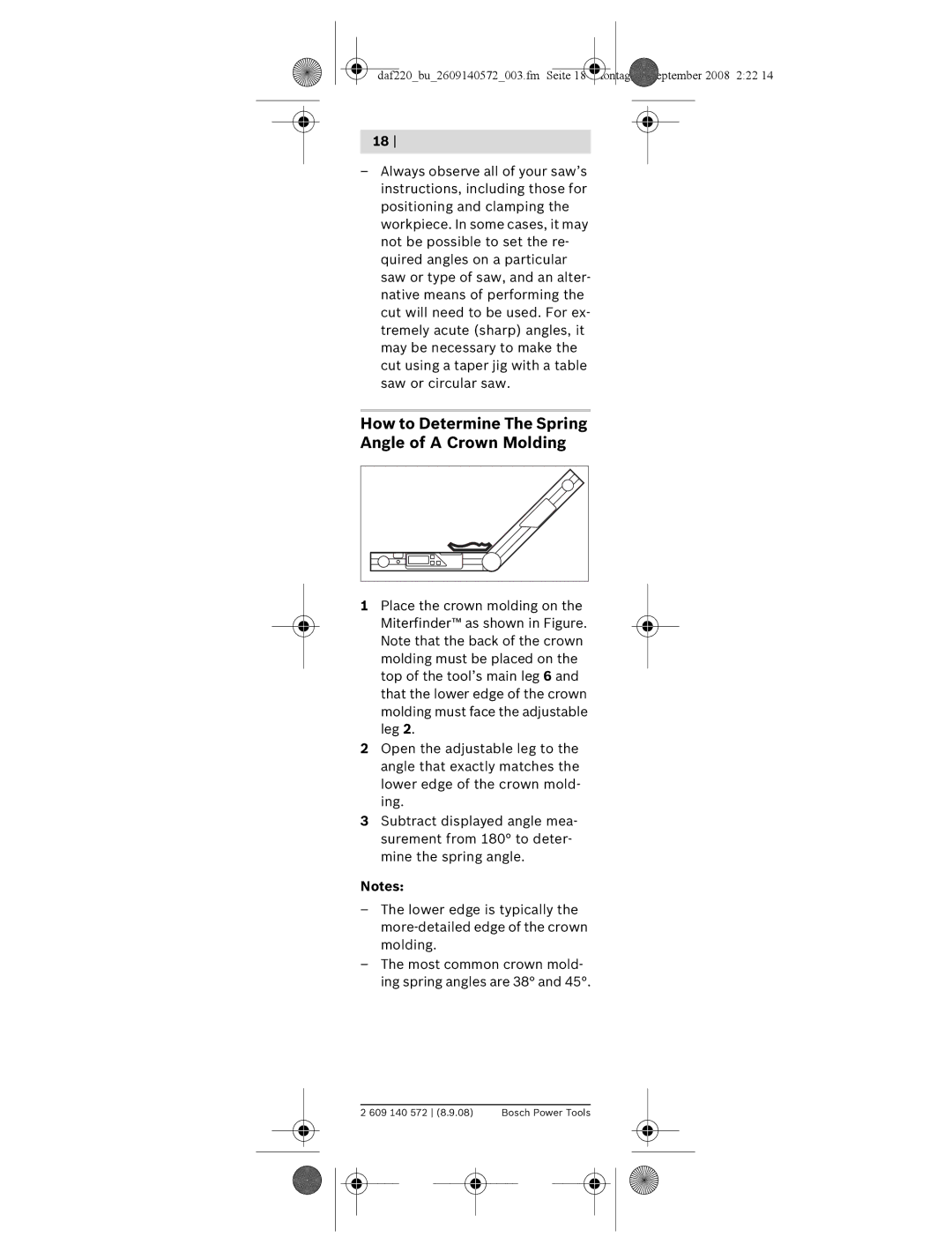 Bosch Power Tools DAF220K manual How to Determine The Spring Angle of a Crown Molding 