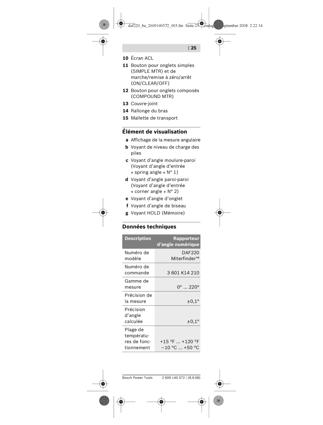 Bosch Power Tools DAF220K manual Élément de visualisation, Données techniques 