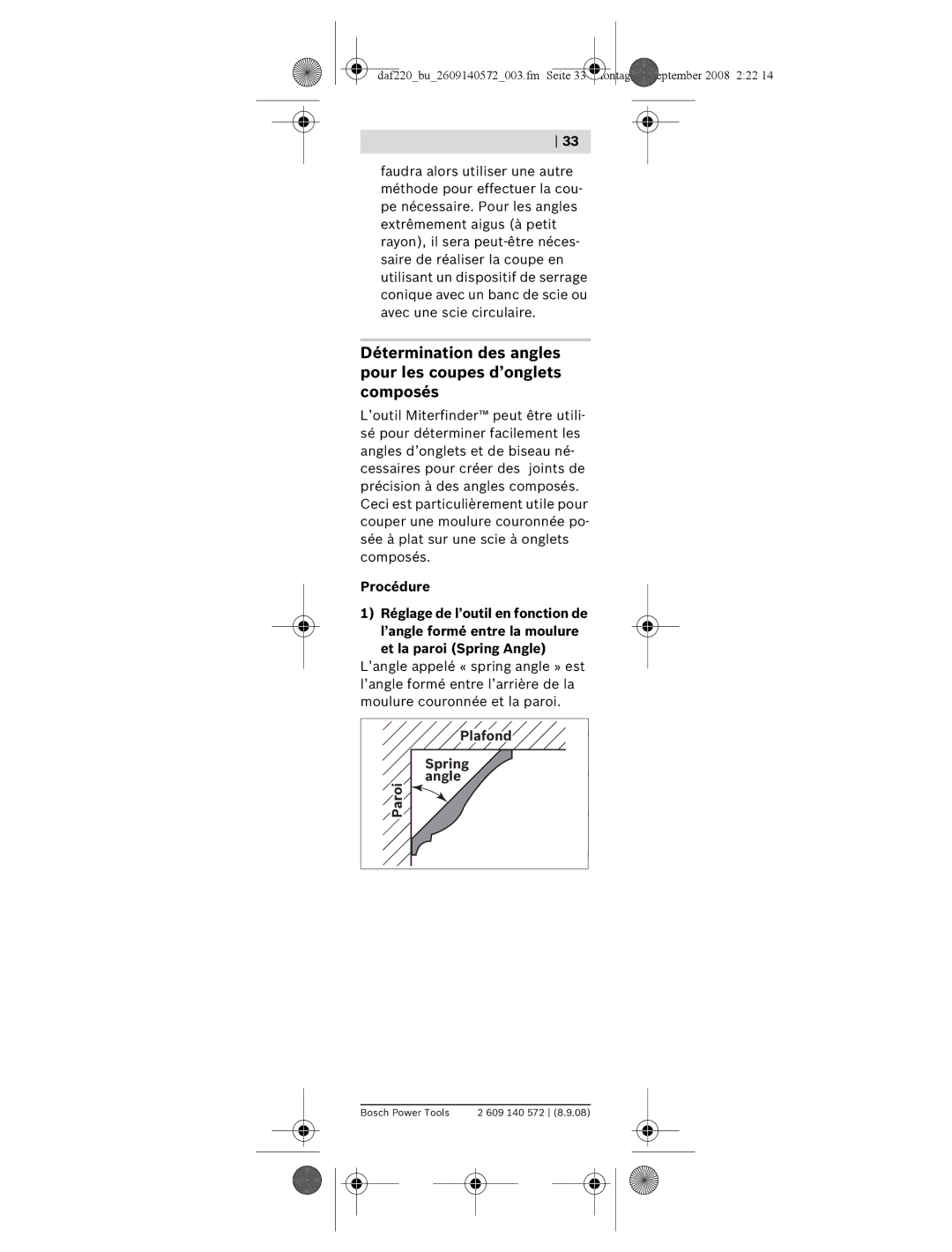 Bosch Power Tools DAF220K manual Détermination des angles pour les coupes d’onglets composés, Paroi Plafond Spring angle 