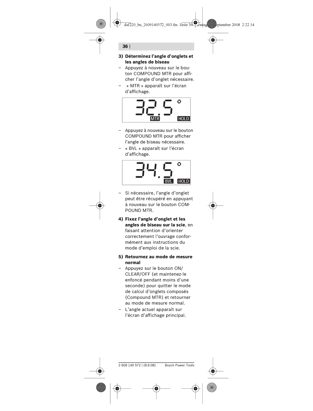 Bosch Power Tools DAF220K manual Déterminez l’angle d’onglets et les angles de biseau 