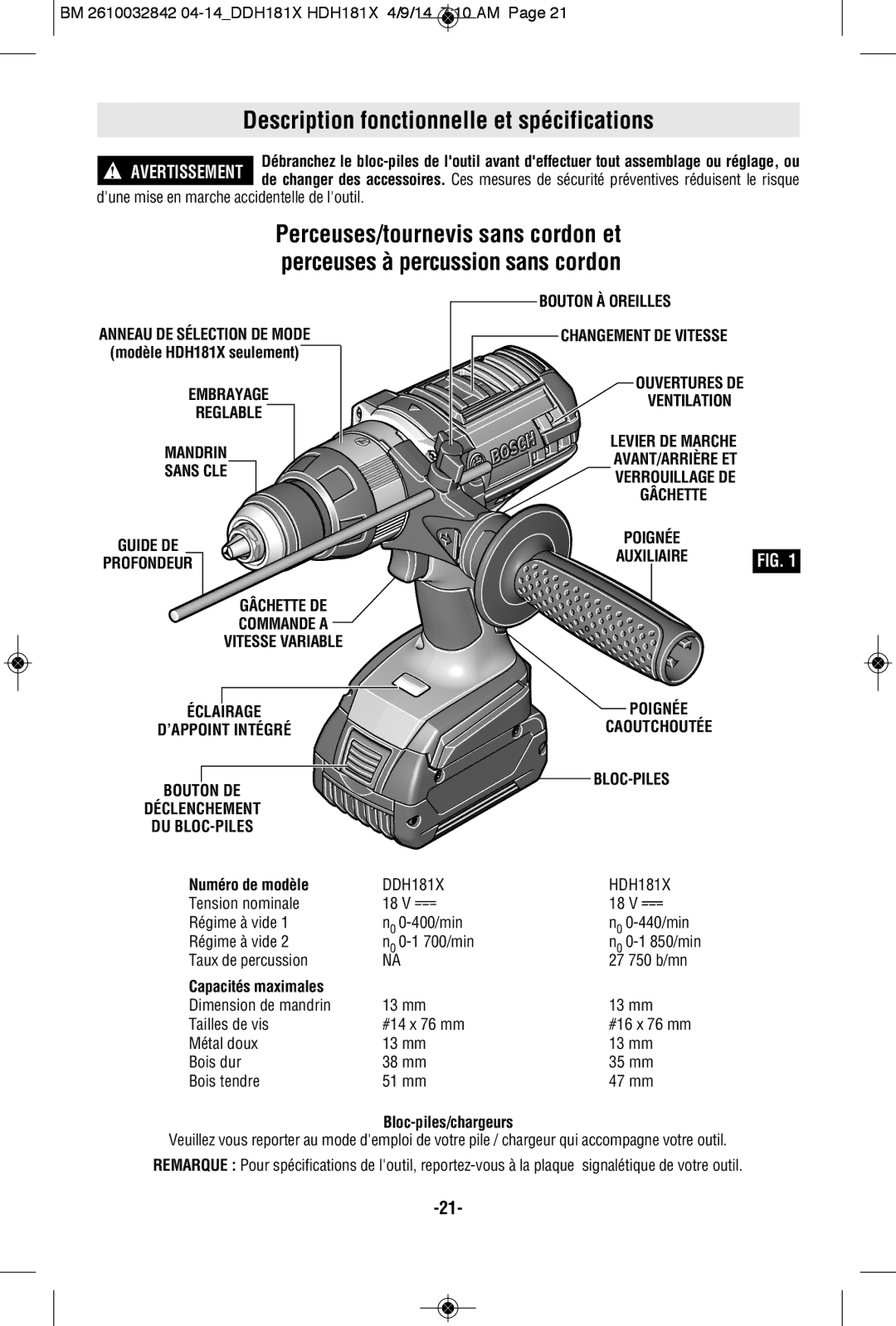 Bosch Power Tools DDH181X-01L, DDH181XBN manual Description fonctionnelle et spécifications, Anneau DE Sélection DE Mode 