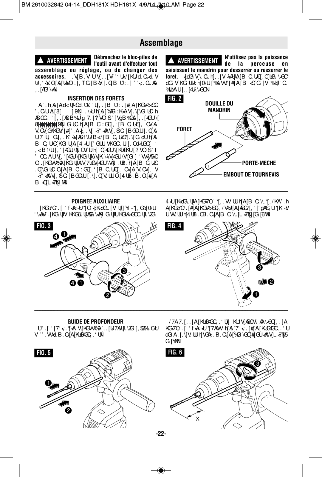 Bosch Power Tools DDH181XBN, DDH181X-01L, DDH181XBL manual Assemblage, Insertion DES Forets 