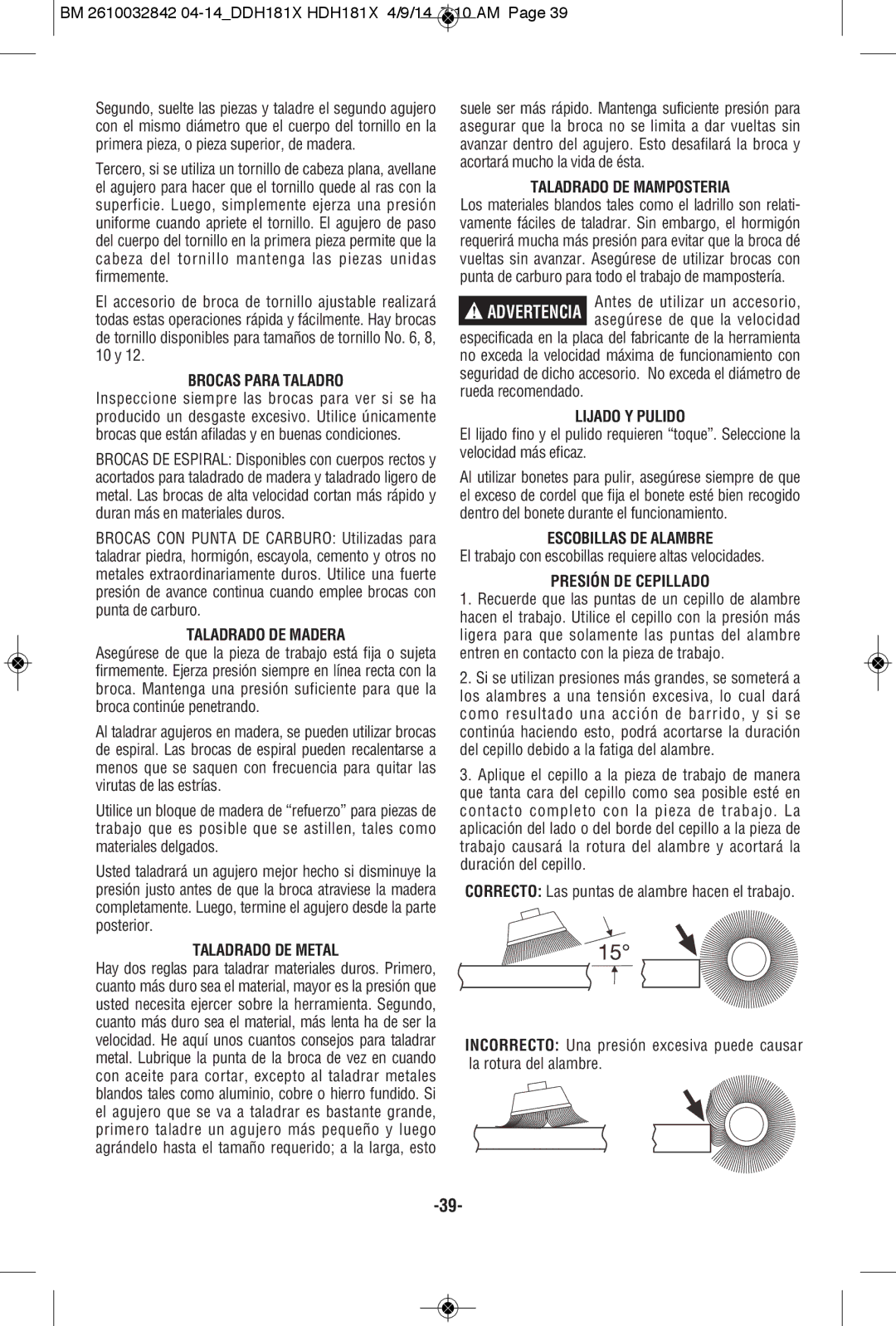 Bosch Power Tools DDH181XBL manual Brocas Para Taladro, Taladrado DE Madera, Taladrado DE Metal, Taladrado DE Mamposteria 