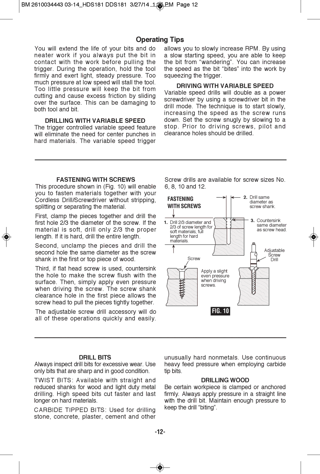 Bosch Power Tools DDS181BN, DDS181-03, DDS181BL, DDS181-01, DDS181-02LPB, DDS181-102L manual Operating Tips 