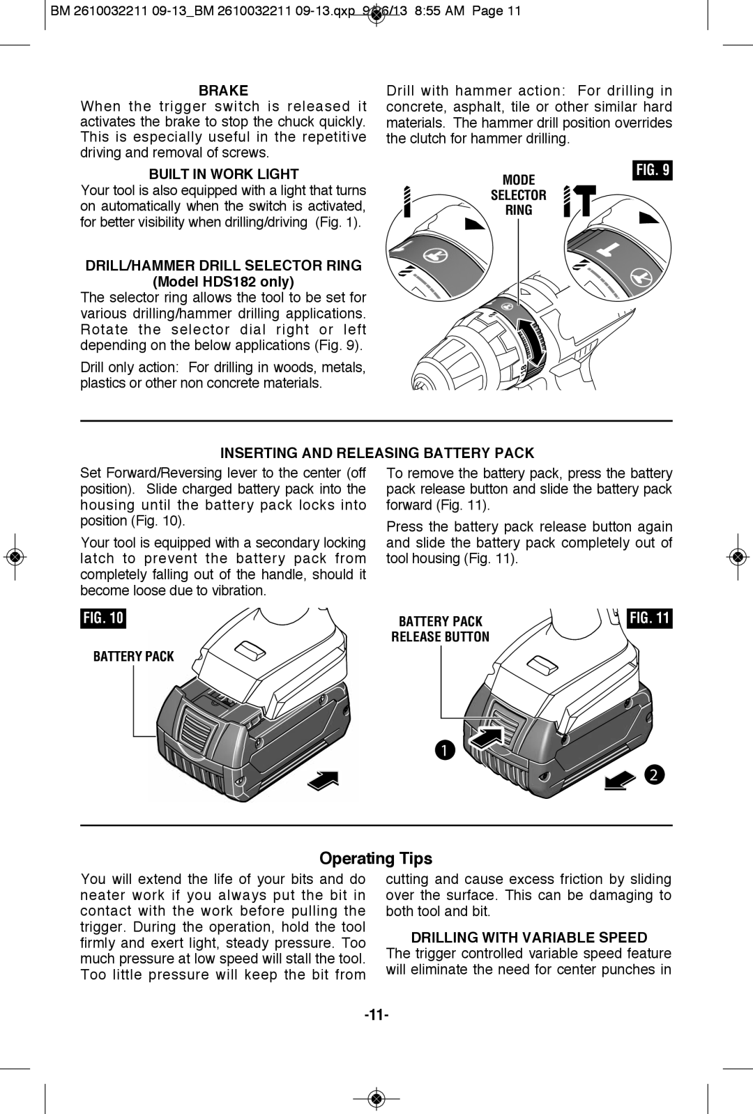 Bosch Power Tools DDS182-02, DDS182BL manual Operating Tips, Brake, Built in Work Light, DRILL/HAMMER Drill Selector Ring 