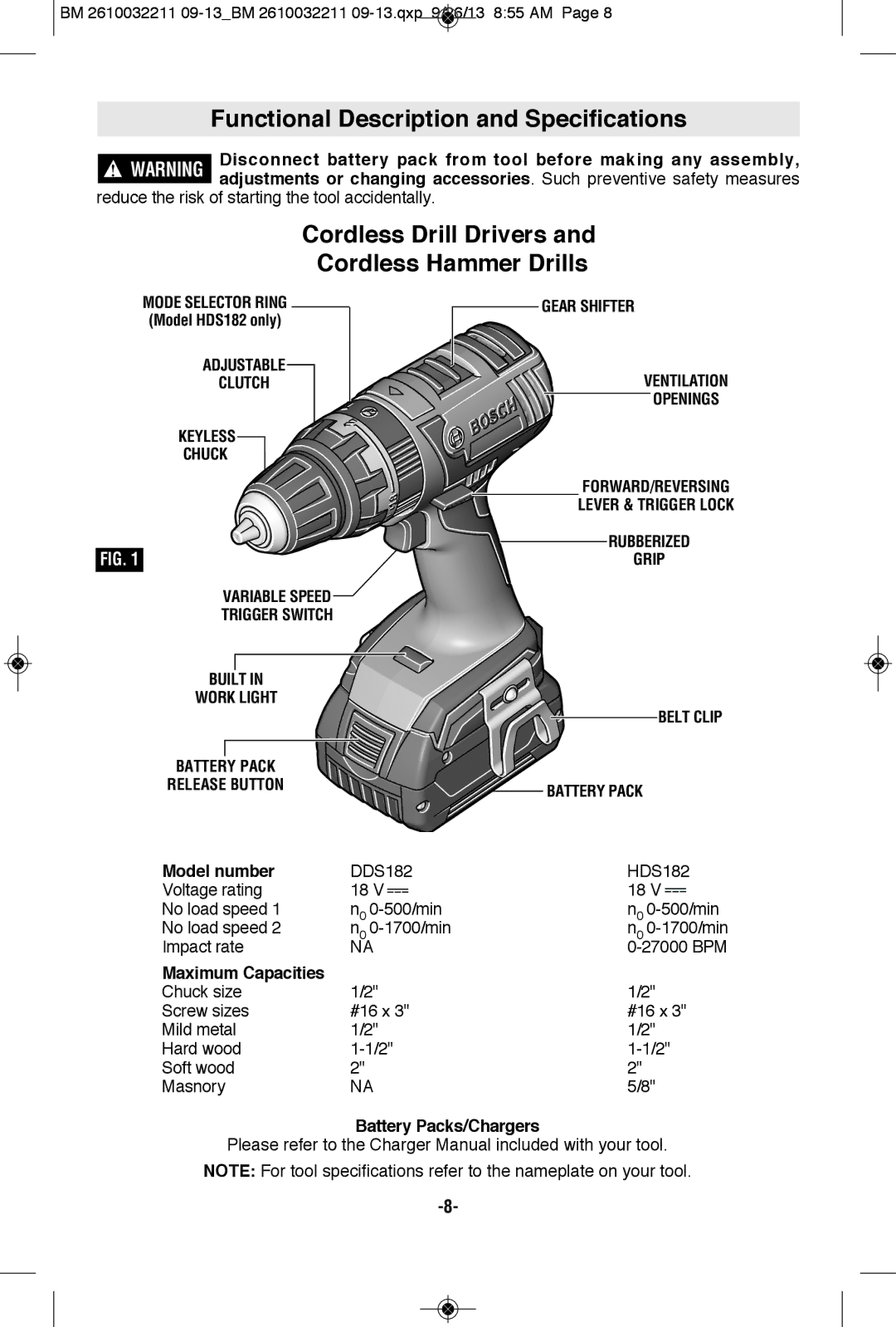 Bosch Power Tools DDS182BL manual Functional Description and Specifications, Cordless Drill Drivers Cordless Hammer Drills 