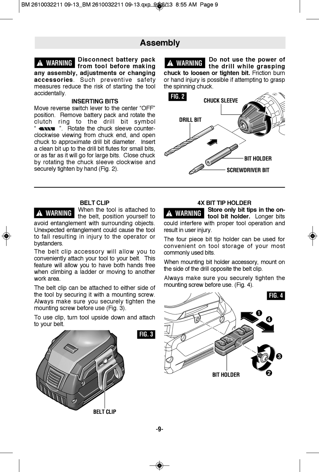 Bosch Power Tools DDS182BN, DDS182BL Assembly, Inserting Bits, Chuck Sleeve Drill BIT BIT Holder Screwdriver BIT Belt Clip 