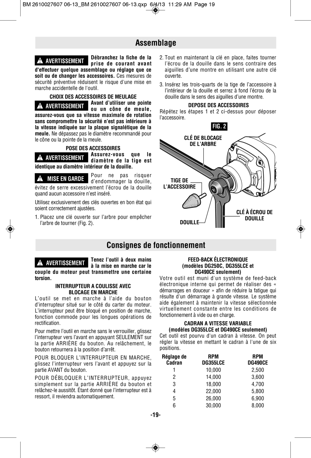 Bosch Power Tools DG490CE, DG250C, DG355LCE manual Assemblage, Consignes de fonctionnement 