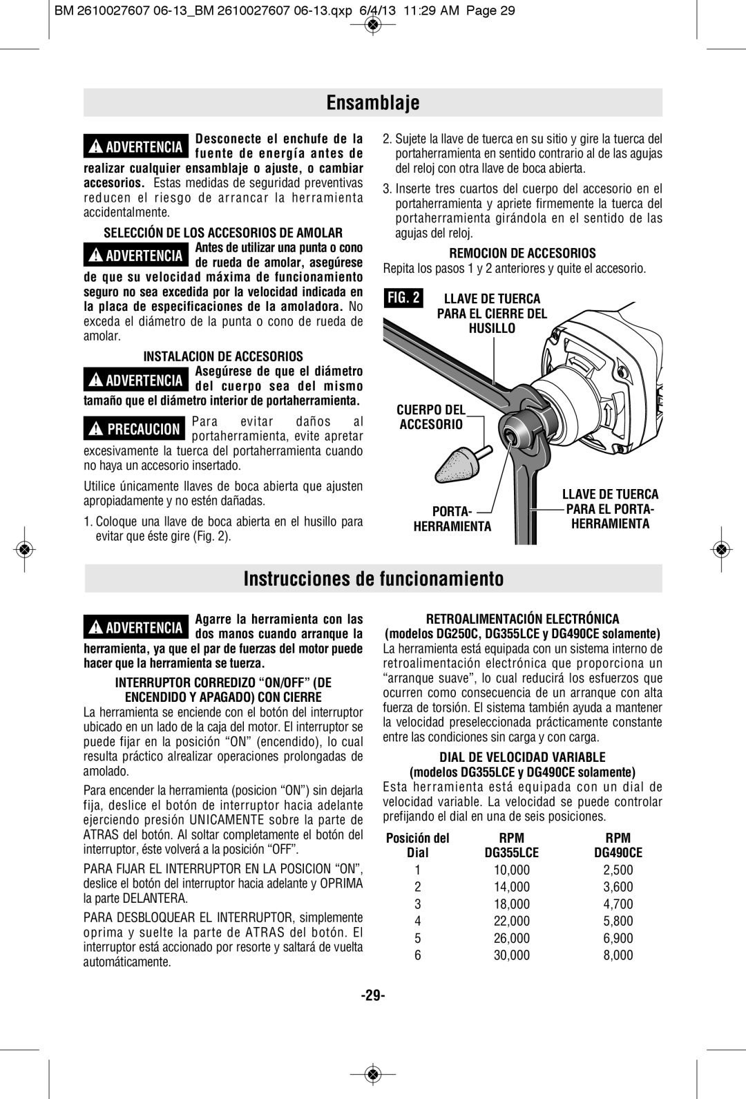 Bosch Power Tools DG355LCE Ensamblaje, Instrucciones de funcionamiento, Remocion DE Accesorios, Dial DE Velocidad Variable 