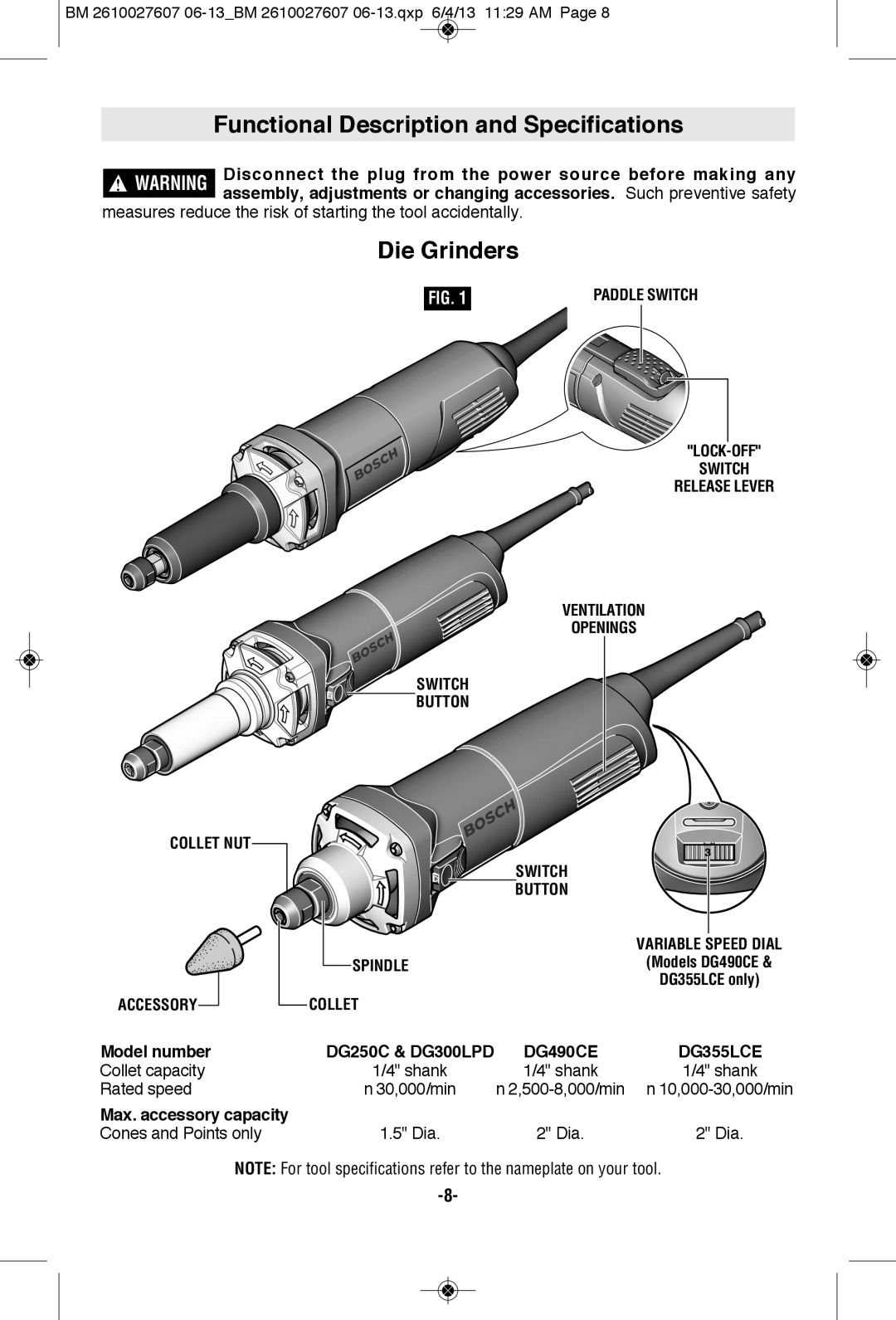 Bosch Power Tools DG355LCE, DG250C, DG490CE manual Functional Description and Specifications, Die Grinders 