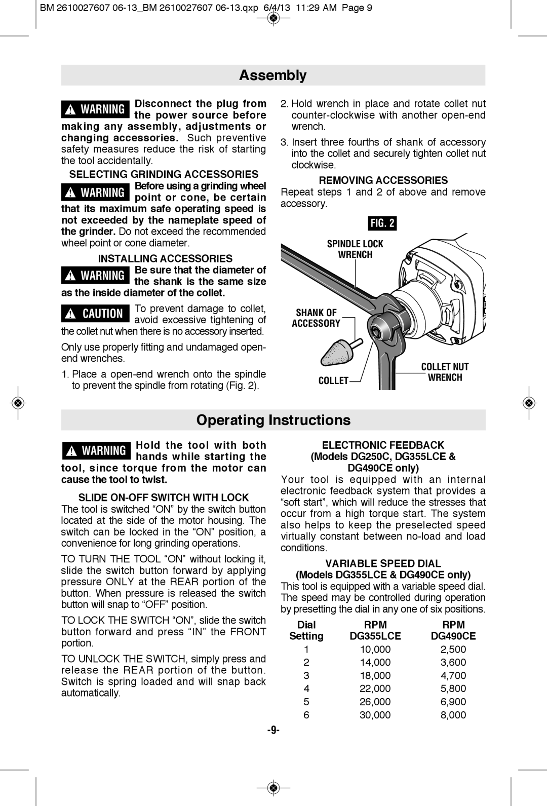 Bosch Power Tools DG250C manual Assembly, Operating Instructions, Be sure that the diameter of the shank is the same size 