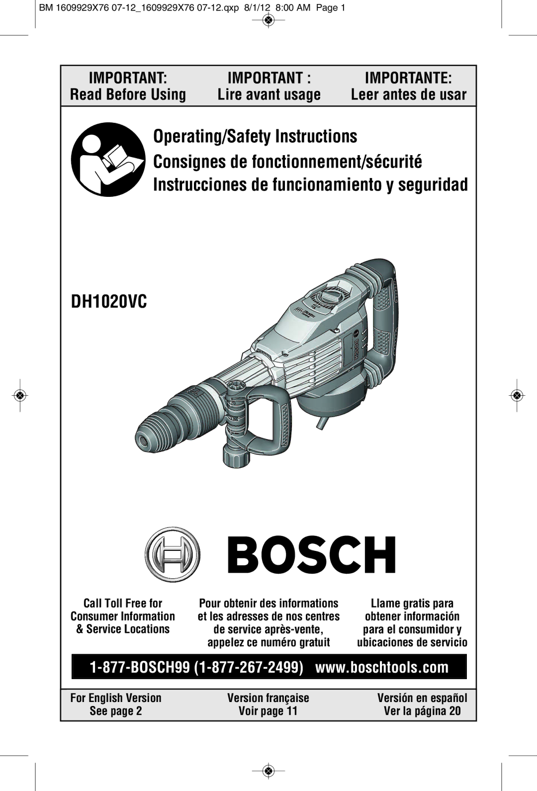 Bosch Power Tools DH1020VC manual Leer antes de usar, Call Toll Free for, See Voir Ver la página 