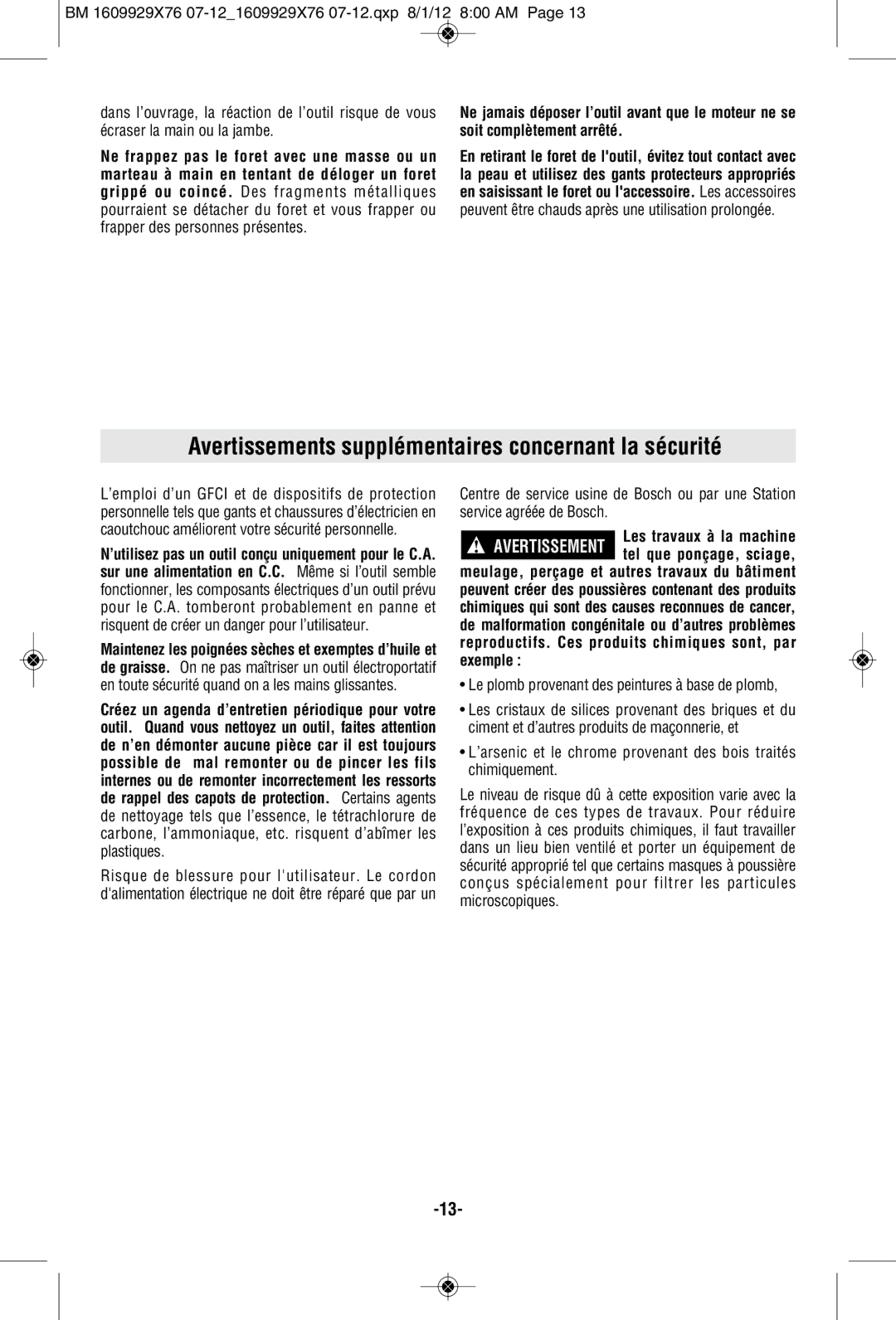 Bosch Power Tools DH1020VC manual Avertissements supplémentaires concernant la sécurité 