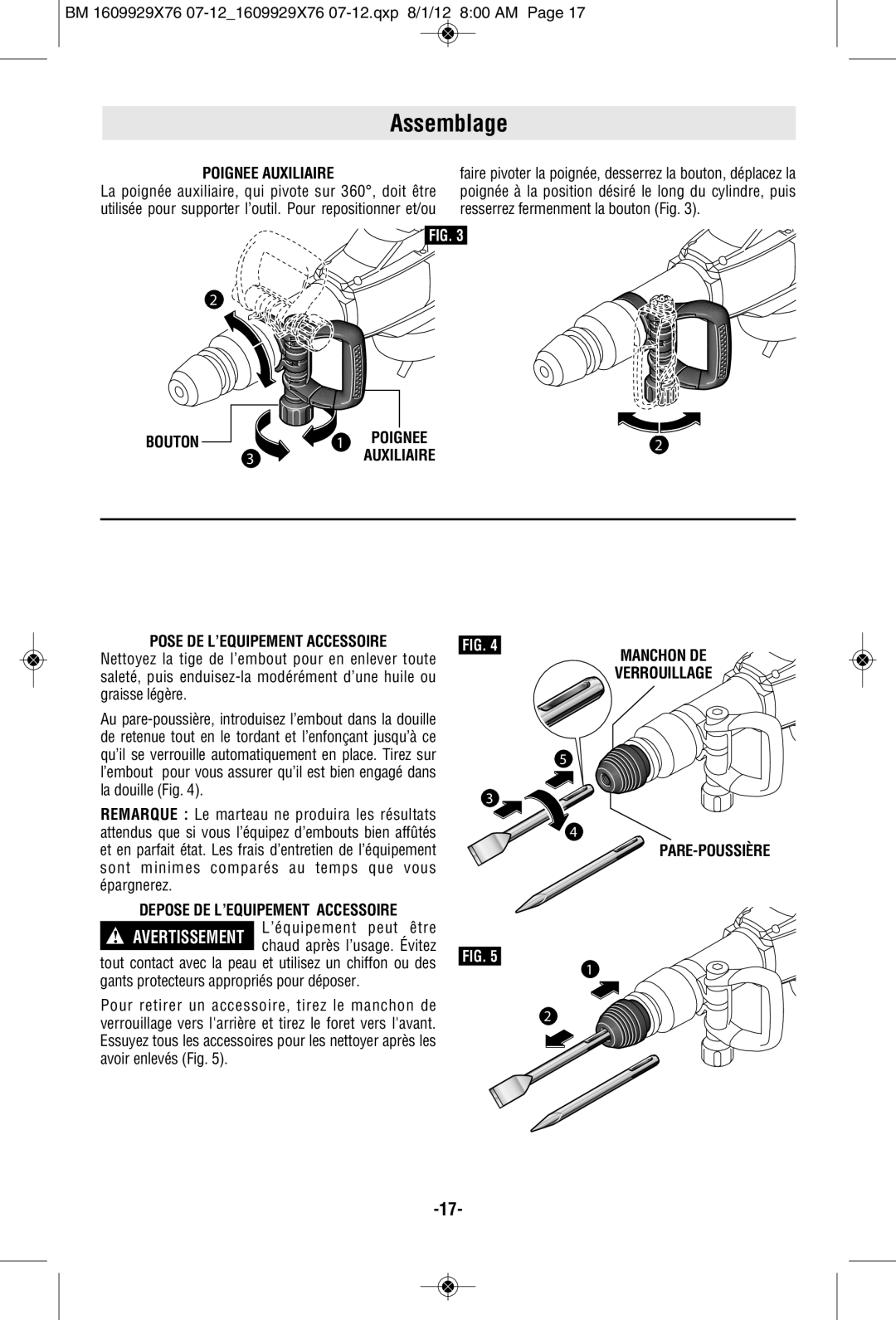 Bosch Power Tools DH1020VC manual Assemblage, Pose DE L’EQUIPEMENT Accessoire, Manchon DE Verrouillage PARE-POUSSIÈRE 