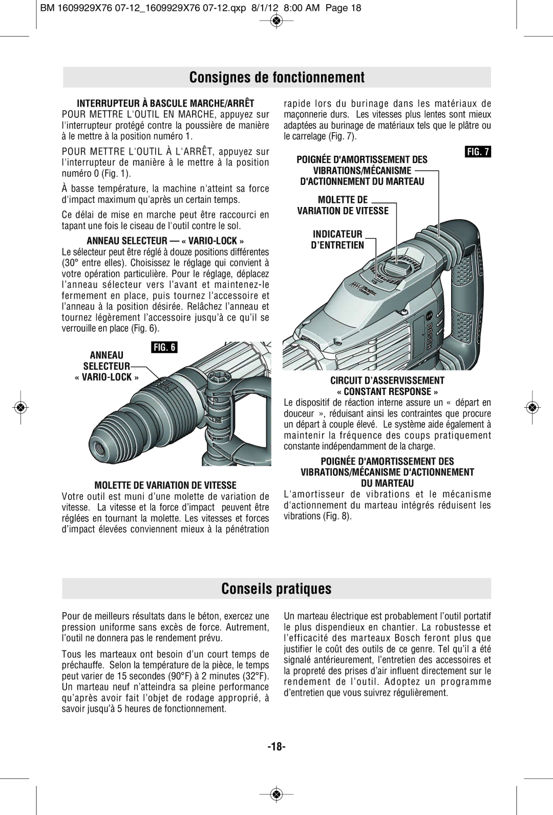 Bosch Power Tools DH1020VC manual Consignes de fonctionnement, Conseils pratiques, Anneau Selecteur « VARIO-LOCK » 