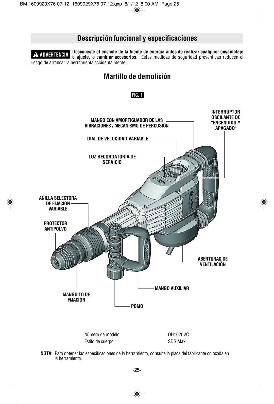 Bosch Power Tools DH1020VC Descripción funcional y especificaciones, Martillo de demolición, Aberturas DE Ventilación 