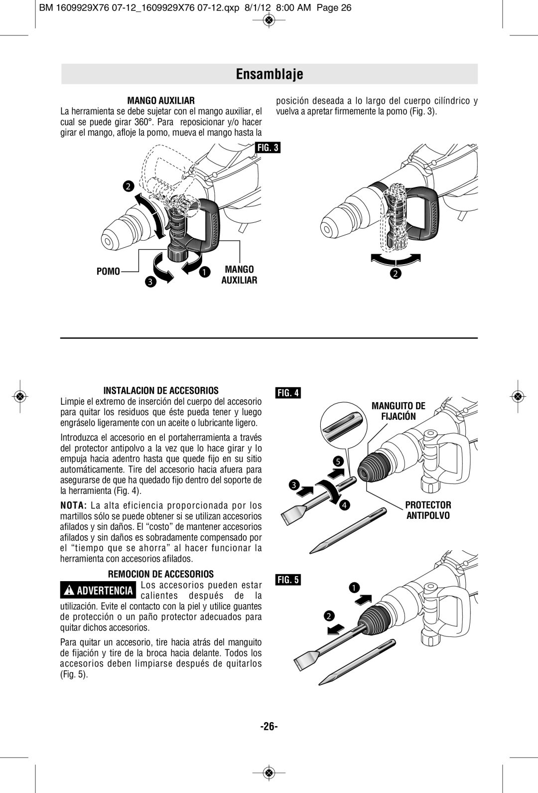 Bosch Power Tools DH1020VC manual Ensamblaje, Instalacion DE Accesorios, Remocion DE Accesorios 