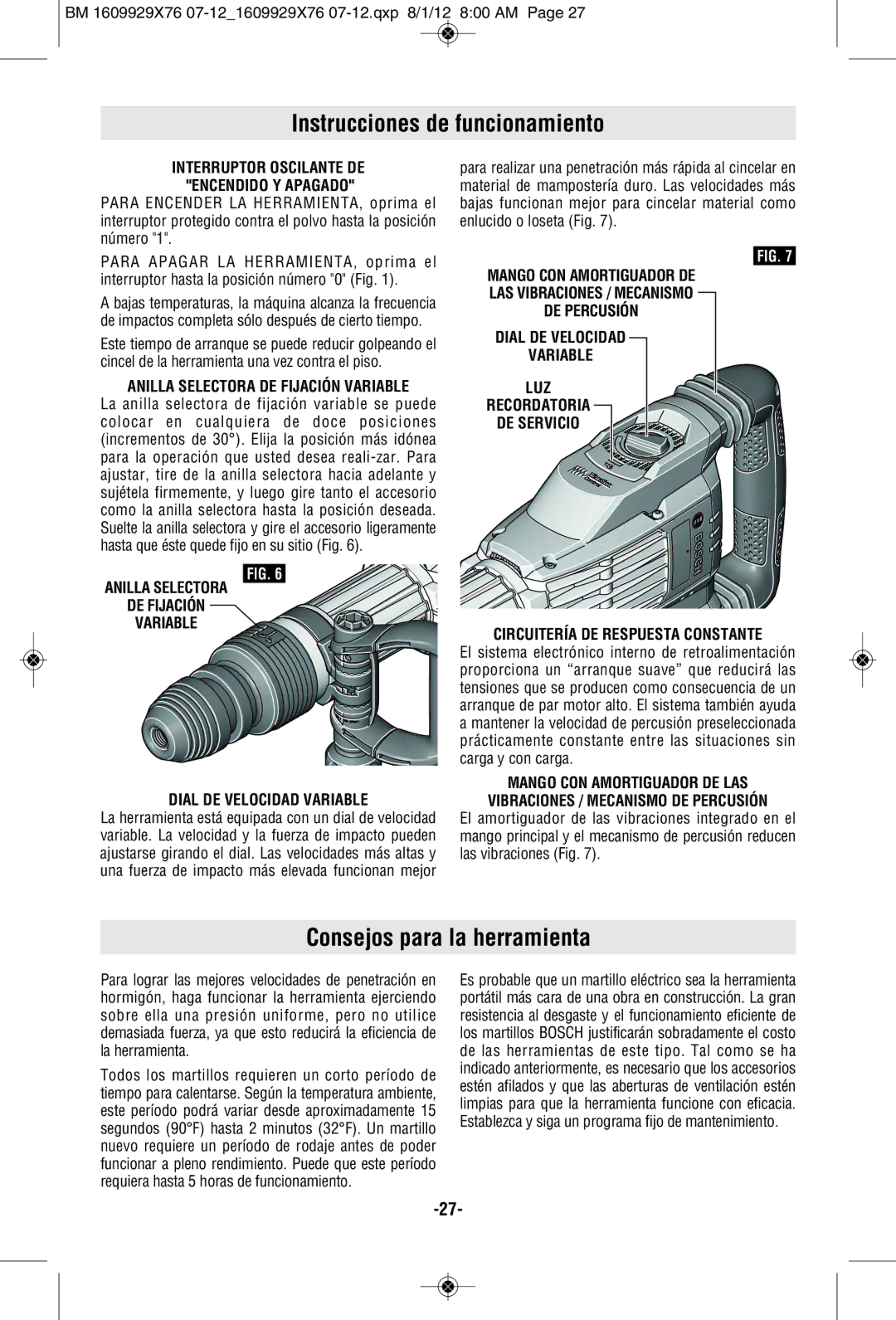 Bosch Power Tools DH1020VC manual Instrucciones de funcionamiento, Consejos para la herramienta 