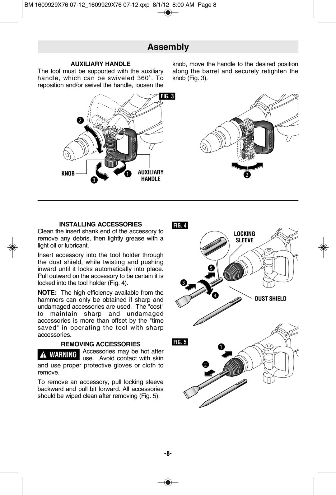 Bosch Power Tools DH1020VC manual Assembly, AUxILIARy Handle, Installing Accessories, Removing Accessories 