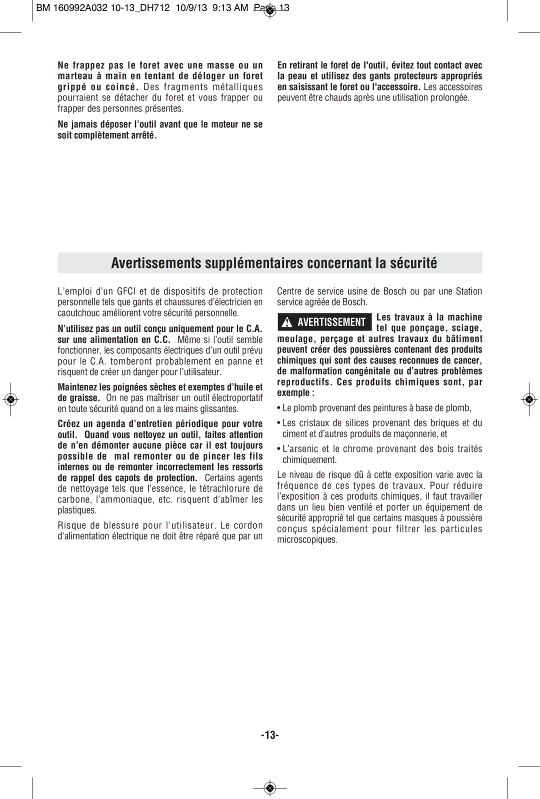 Bosch Power Tools DH712VC manual Avertissements supplémentaires concernant la sécurité 