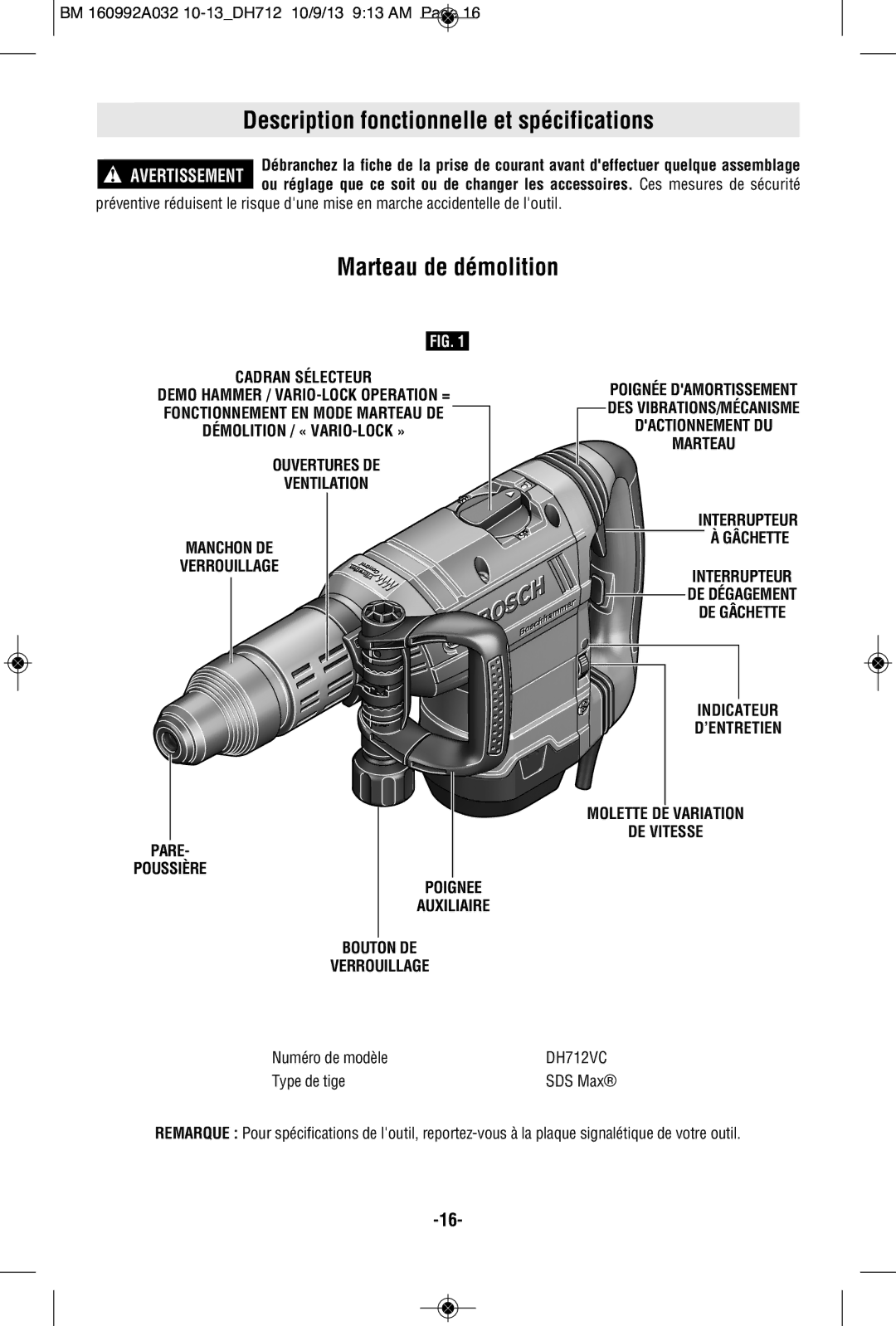 Bosch Power Tools DH712VC manual Description fonctionnelle et spécifications, Marteau de démolition 