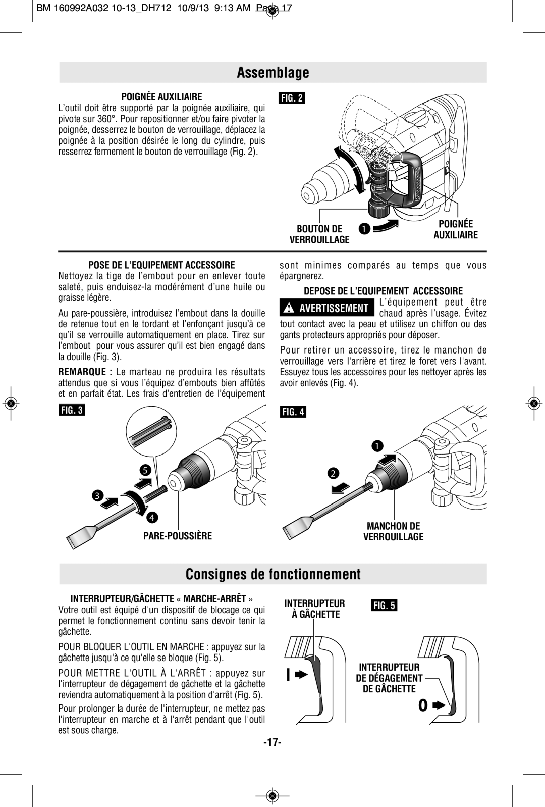 Bosch Power Tools DH712VC manual Assemblage, Consignes de fonctionnement 